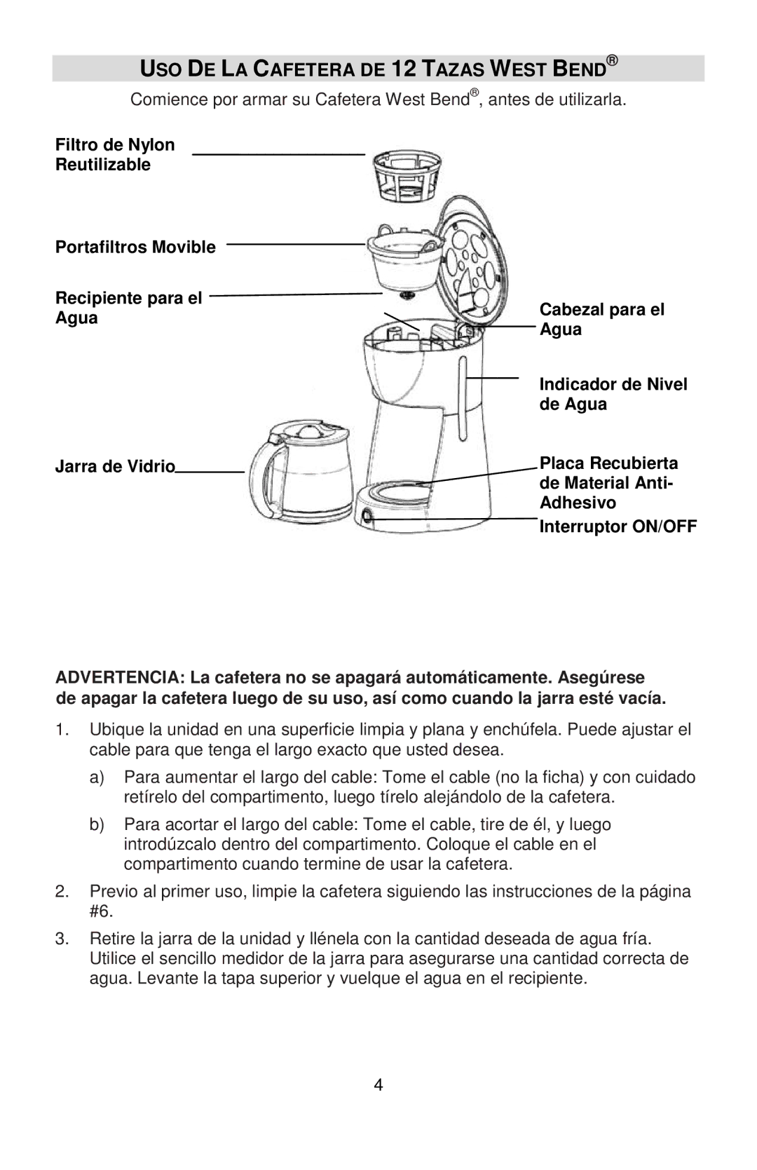 West Bend L5732A, 56310 instruction manual USO DE LA Cafetera DE 12 Tazas West Bend 