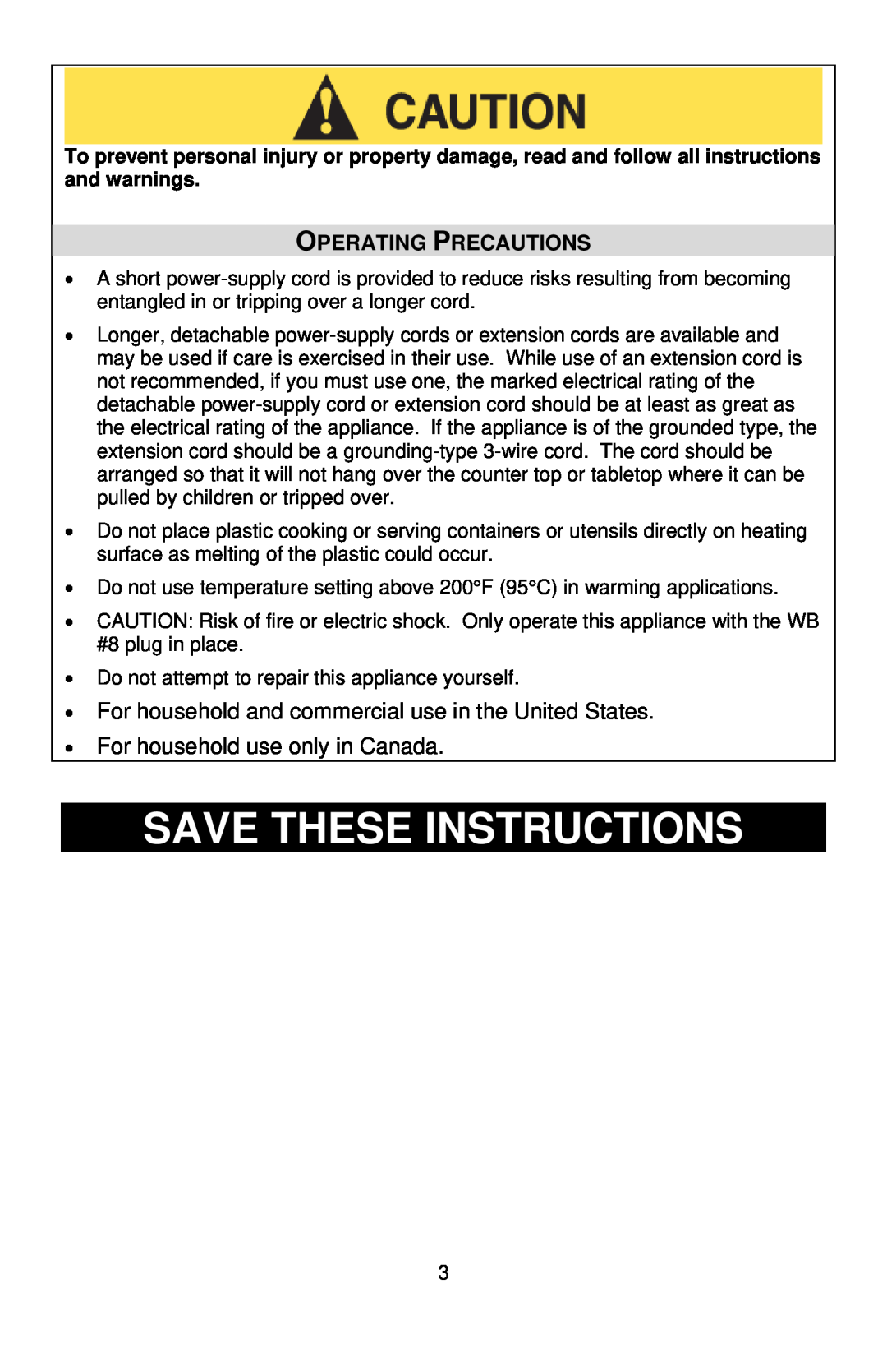 West Bend L5745A instruction manual Save These Instructions, Operating Precautions, For household use only in Canada 