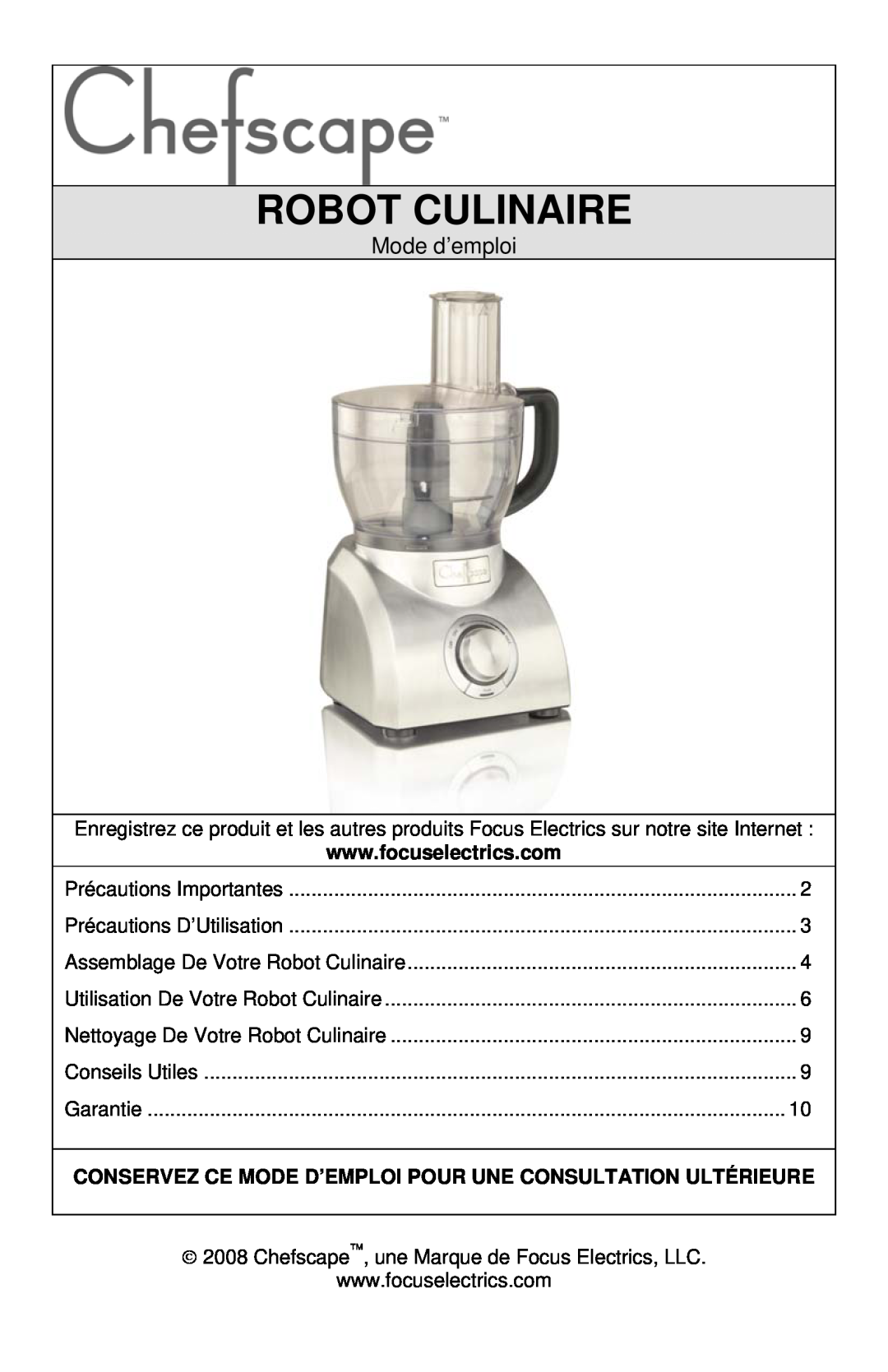 West Bend PRFP1000, L5747 instruction manual Robot Culinaire, Mode d’emploi 