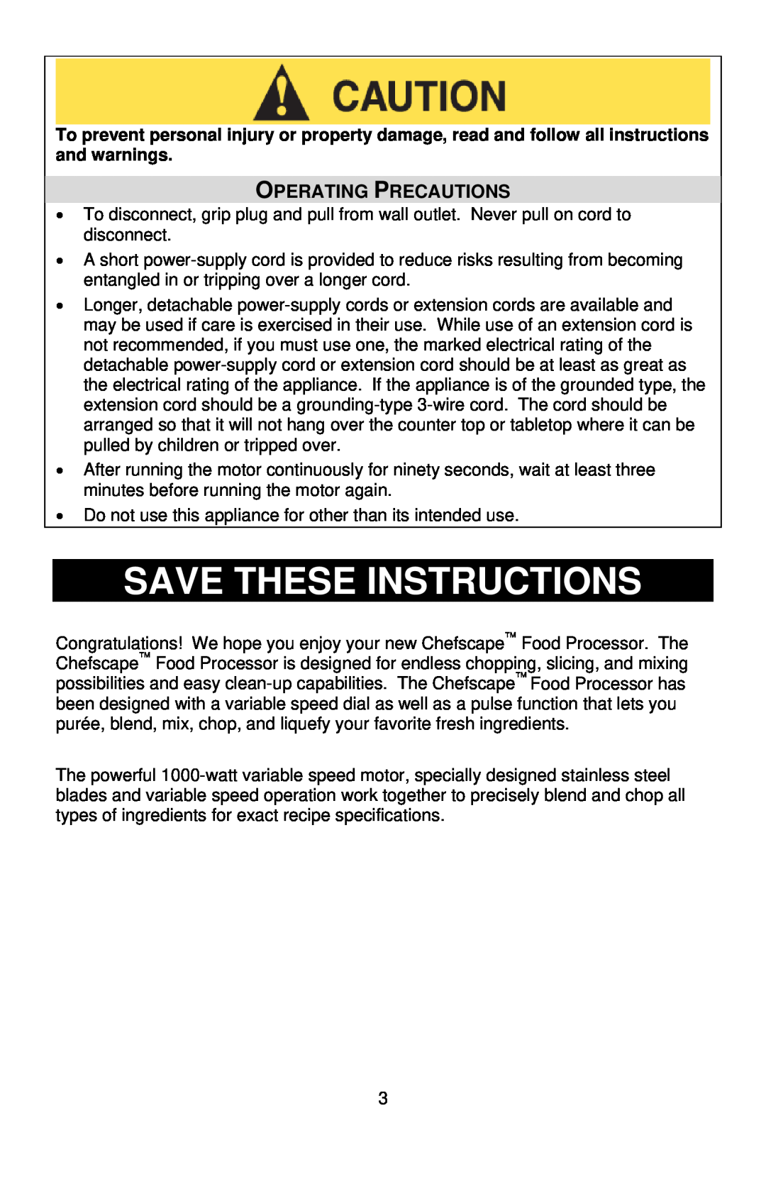 West Bend PRFP1000, L5747 instruction manual Save These Instructions, Operating Precautions 