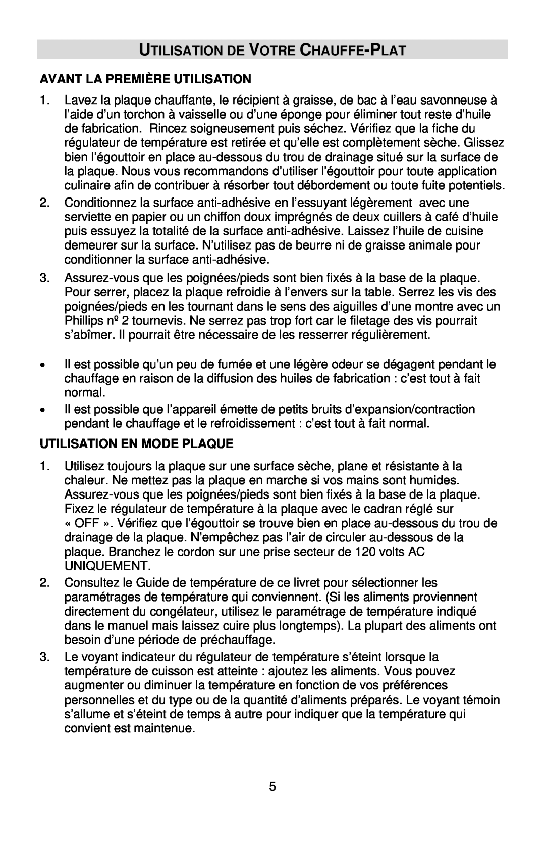 West Bend L5749A Utilisation De Votre Chauffe-Plat, Avant La Première Utilisation, Utilisation En Mode Plaque 