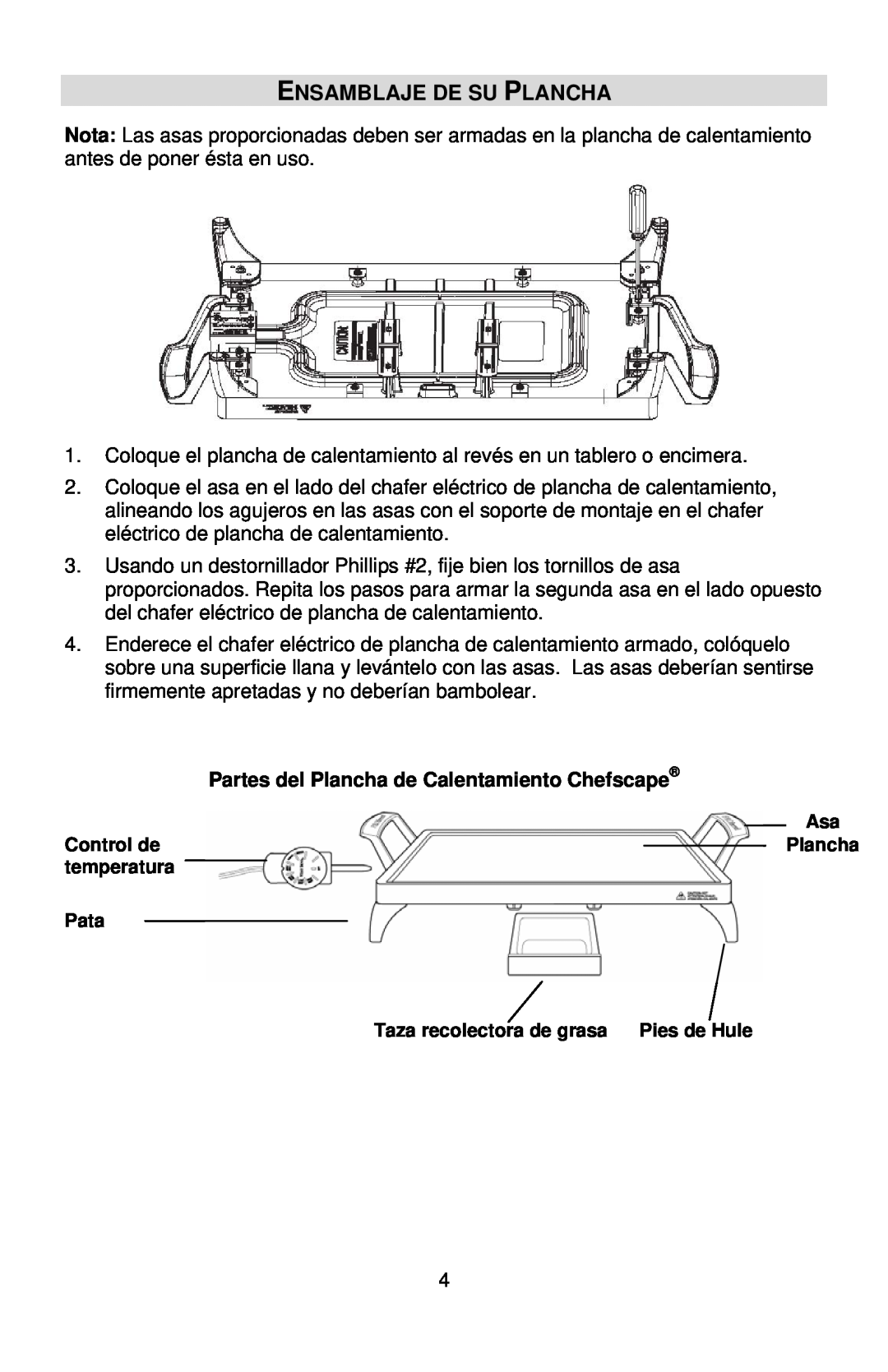 West Bend L5749A instruction manual Ensamblaje De Su Plancha, Partes del Plancha de Calentamiento Chefscape 