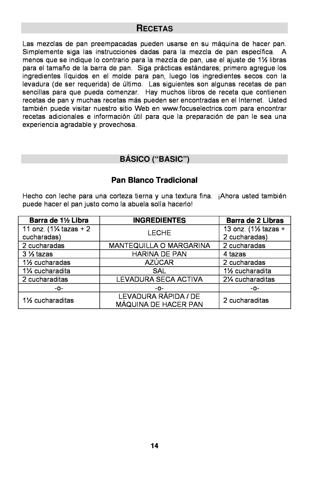 West Bend L5762 Recetas, BÁSICO “BASIC” Pan Blanco Tradicional, Barra de 1½ Libra, Ingredientes, Barra de 2 Libras 