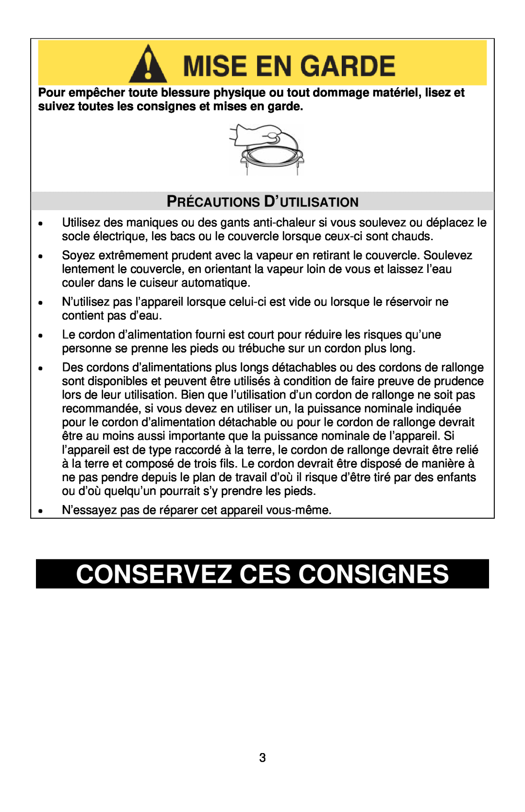 West Bend L5765, 86604CF instruction manual Conservez Ces Consignes, Précautions D’Utilisation 