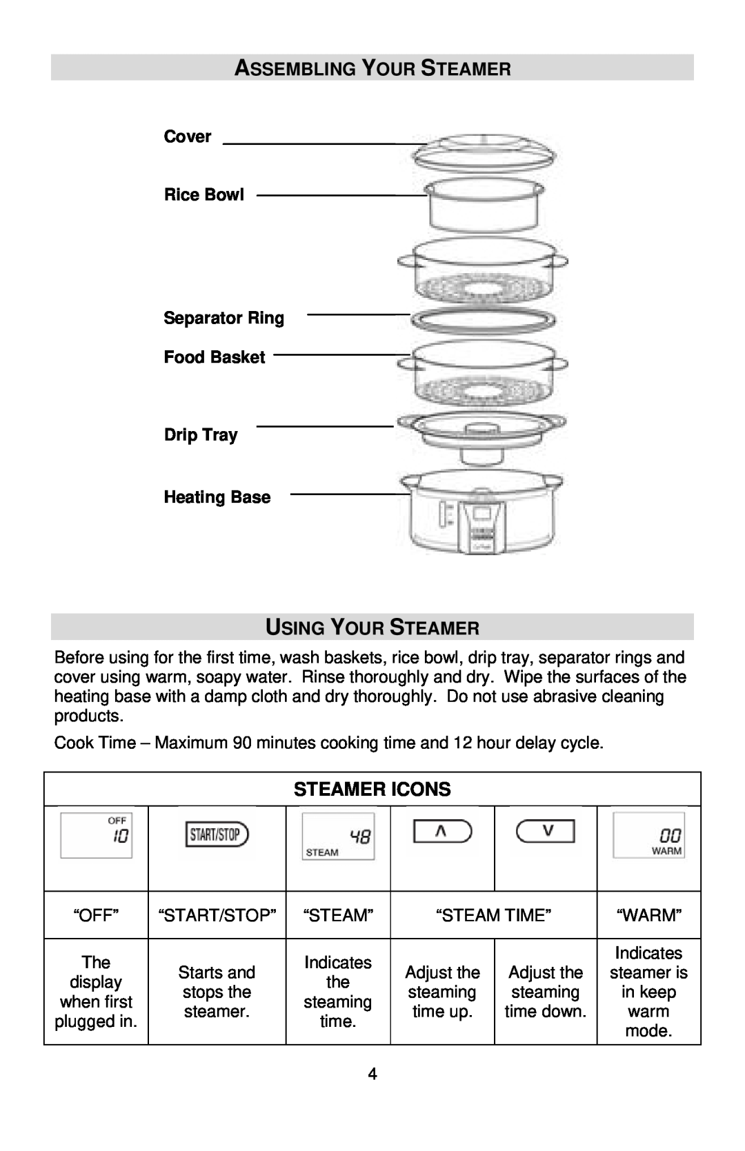 West Bend L5765 Assembling Your Steamer, Using Your Steamer, Steamer Icons, Cover Rice Bowl Separator Ring Food Basket 