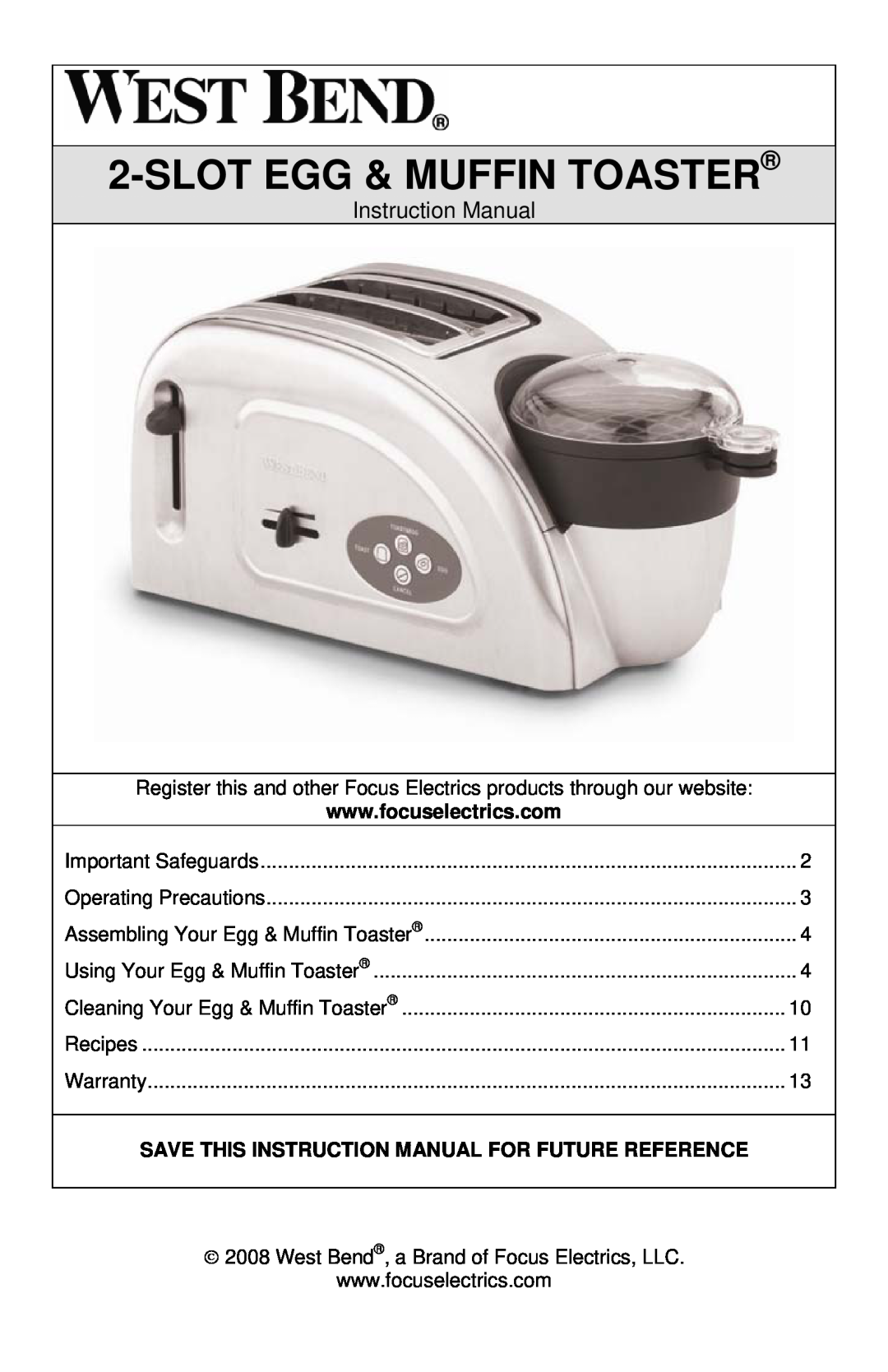 West Bend 78822, L5769 instruction manual Slotegg & Muffin Toaster 