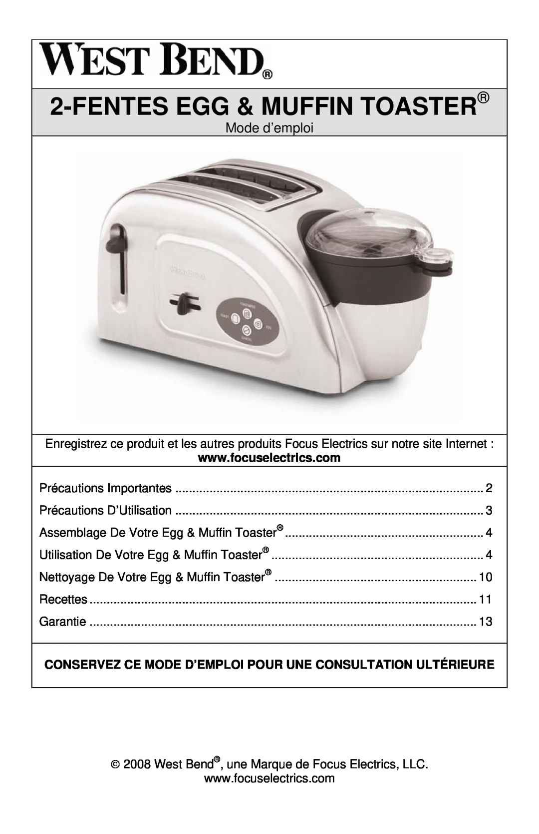 West Bend L5769, 78822 instruction manual Fentesegg & Muffin Toaster, Mode d’emploi 