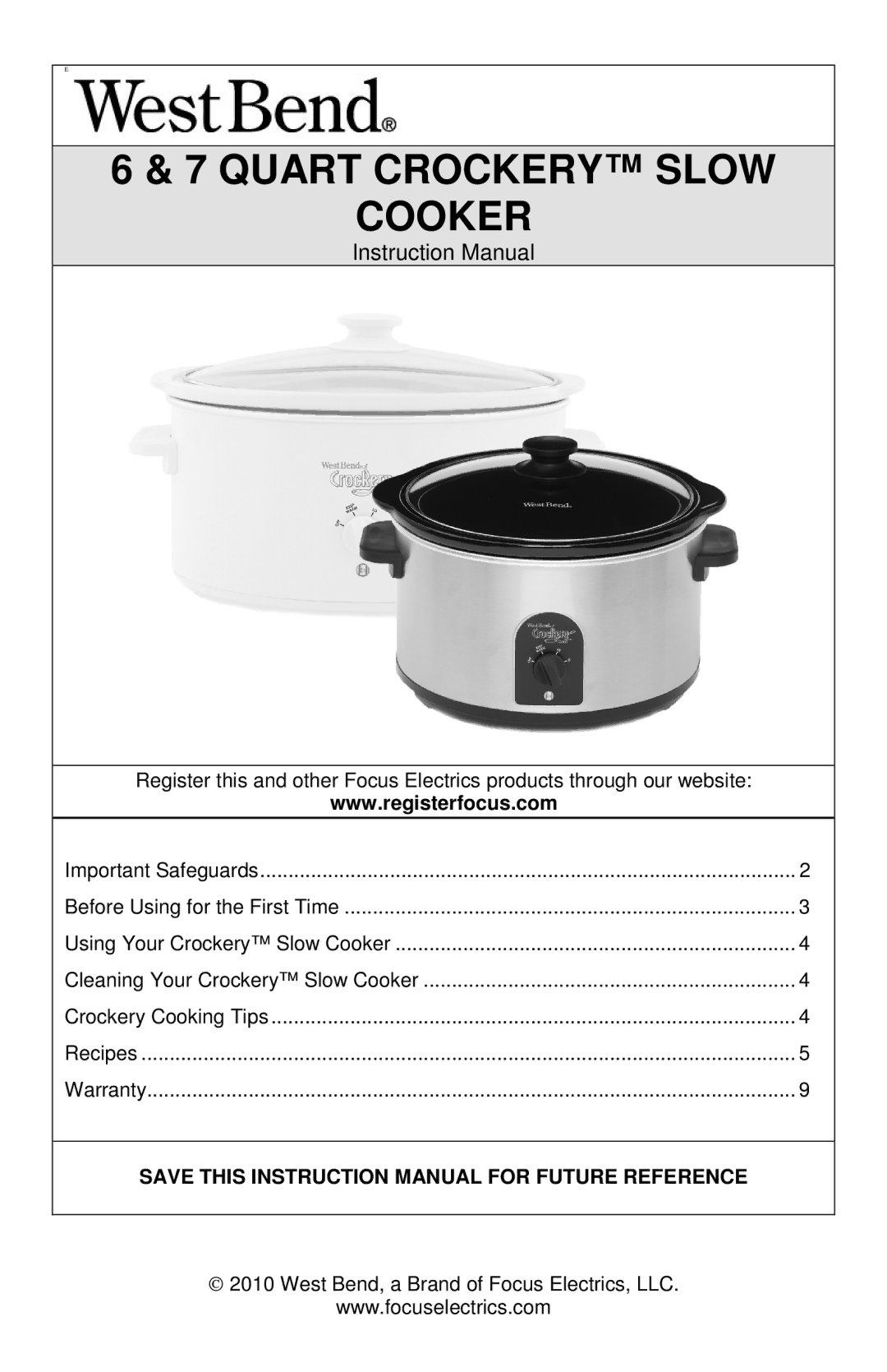 West Bend 84306, L5777B manual Quart Crockery Slow Cooker 