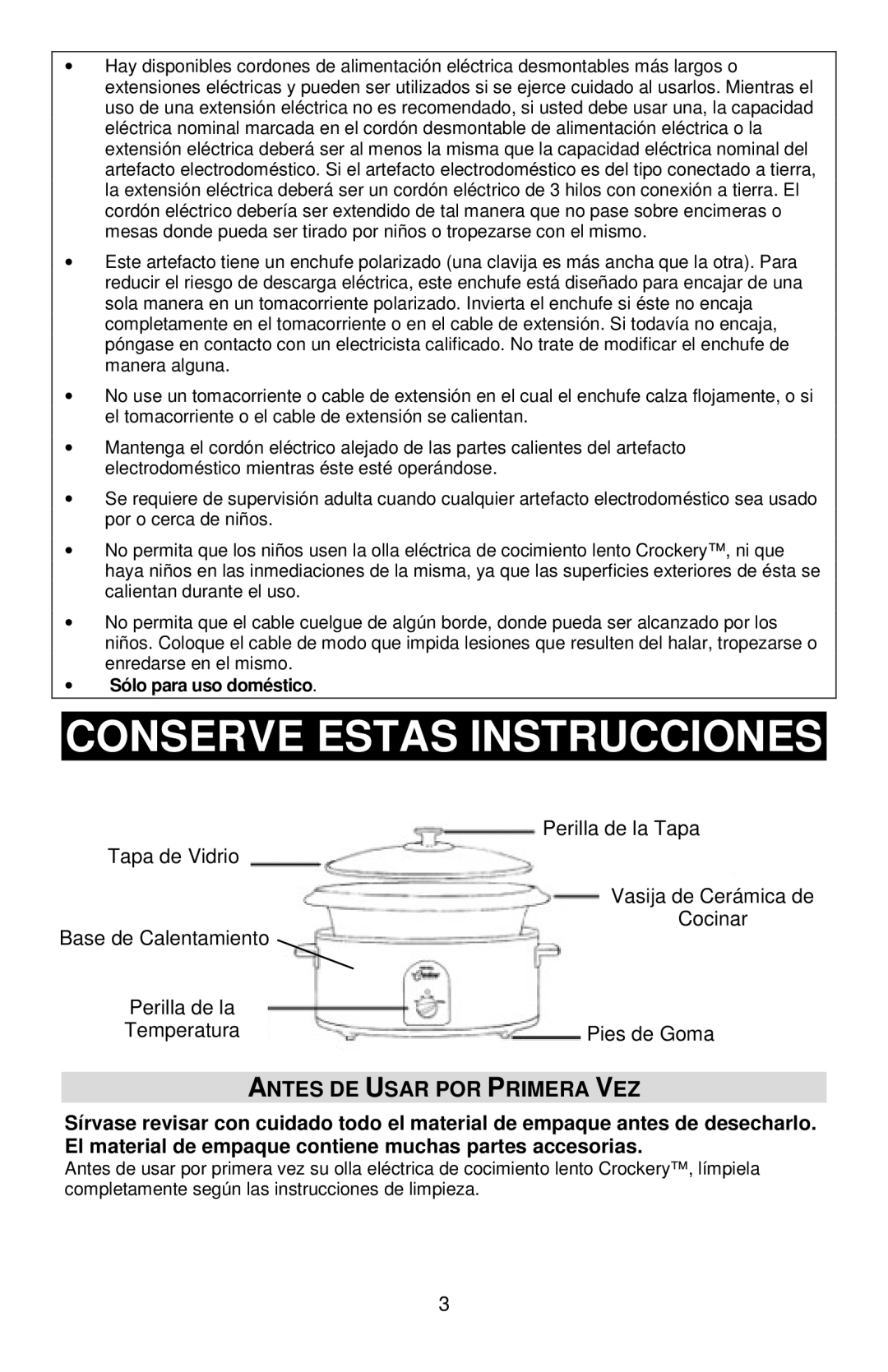 West Bend 84306, L5777B manual Conserve Estas Instrucciones, Antes DE Usar POR Primera VEZ, Sólo para uso doméstico 