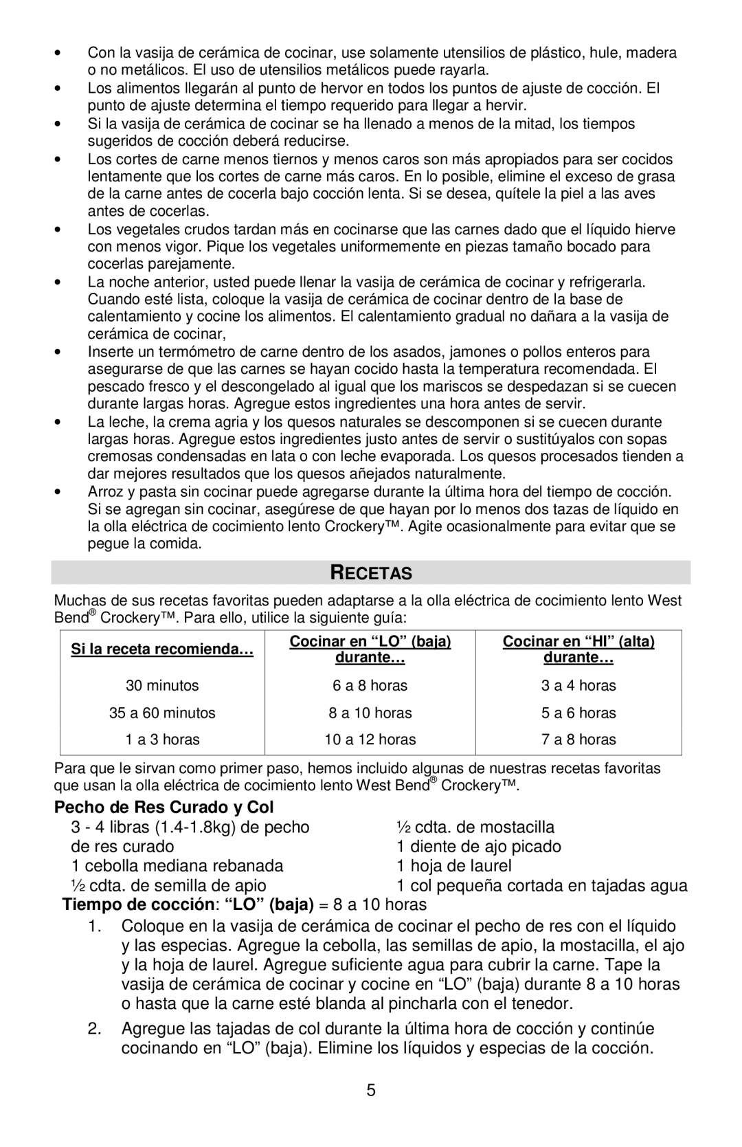 West Bend 84306, L5777B manual Pecho de Res Curado y Col, Tiempo de cocción LO baja = 8 a 10 horas, Si la receta recomienda… 