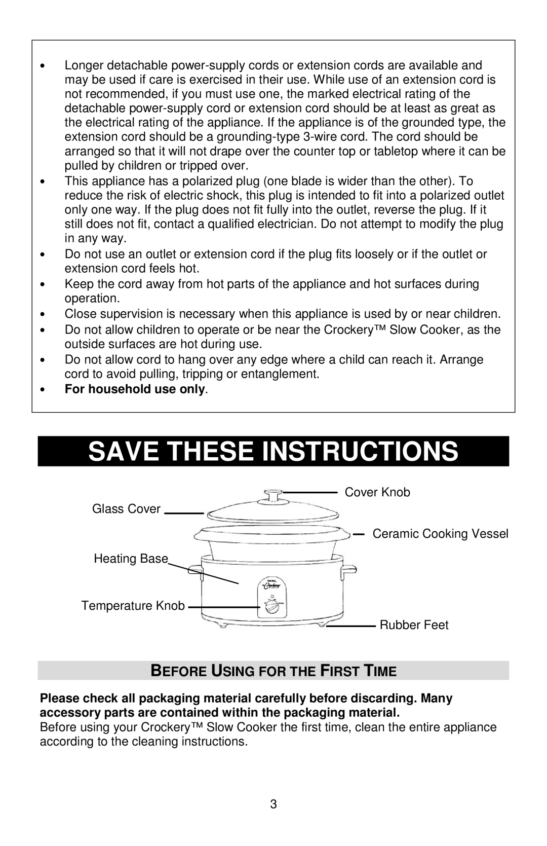 West Bend 84306, L5777B manual Before Using for the First Time, For household use only 