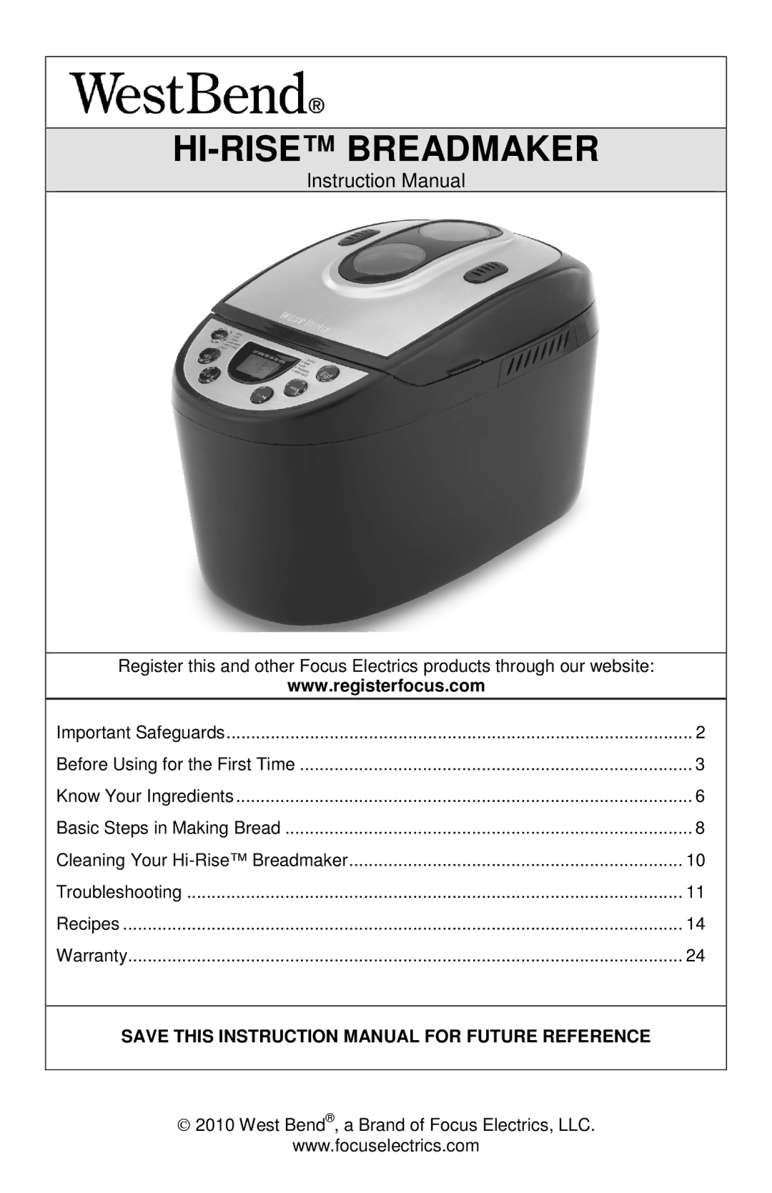 West Bend L5778C instruction manual HI-RISE Breadmaker 