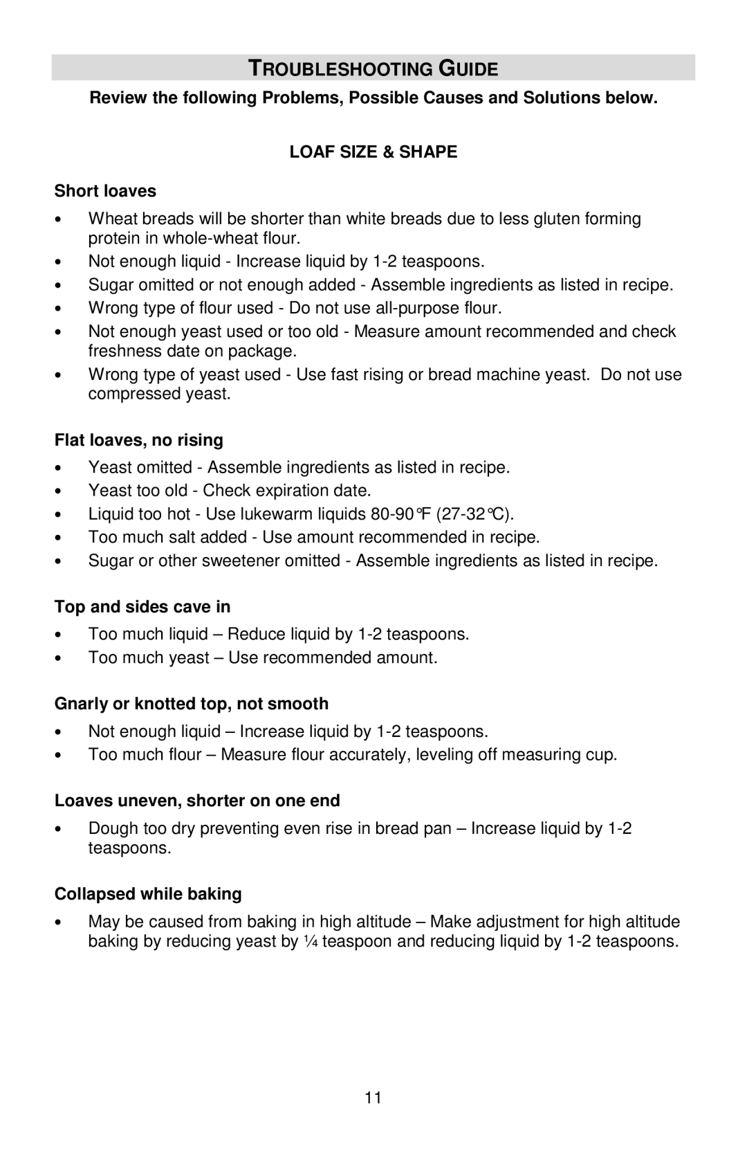 West Bend L5778C instruction manual Troubleshooting Guide, Loaf Size & Shape 