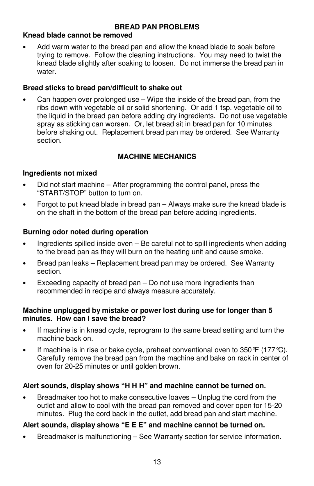 West Bend L5778C instruction manual Bread PAN Problems, Machine Mechanics 