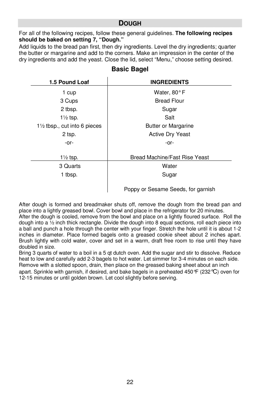 West Bend L5778C instruction manual Basic Bagel, Dough 