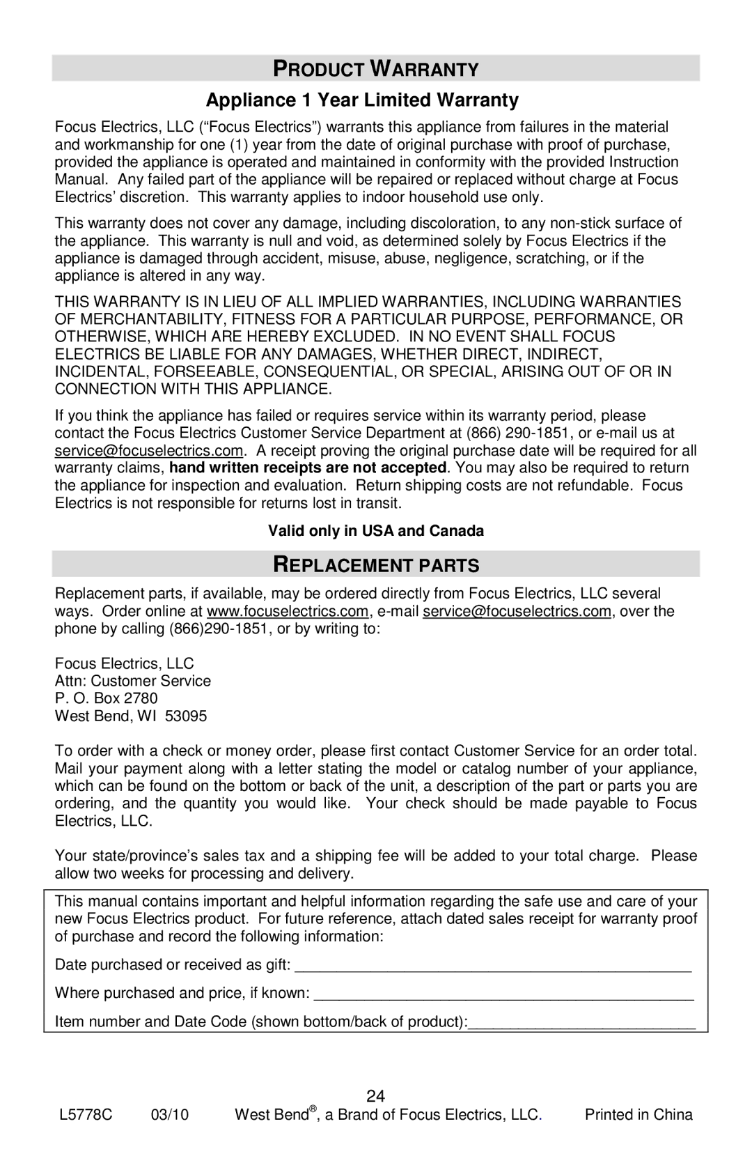 West Bend L5778C Product Warranty, Appliance 1 Year Limited Warranty, Replacement Parts, Valid only in USA and Canada 