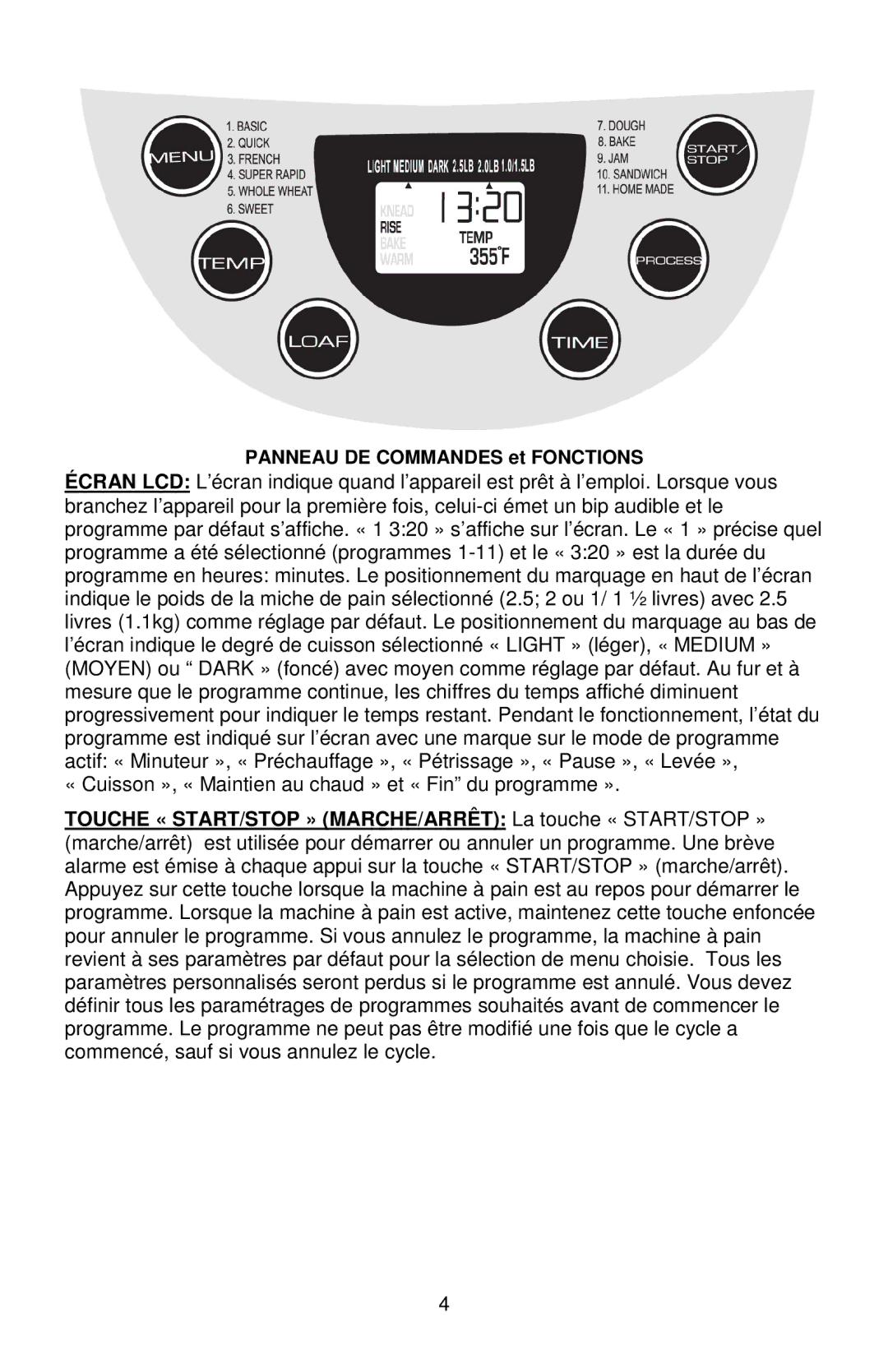 West Bend L5778C instruction manual Panneau DE Commandes et Fonctions 