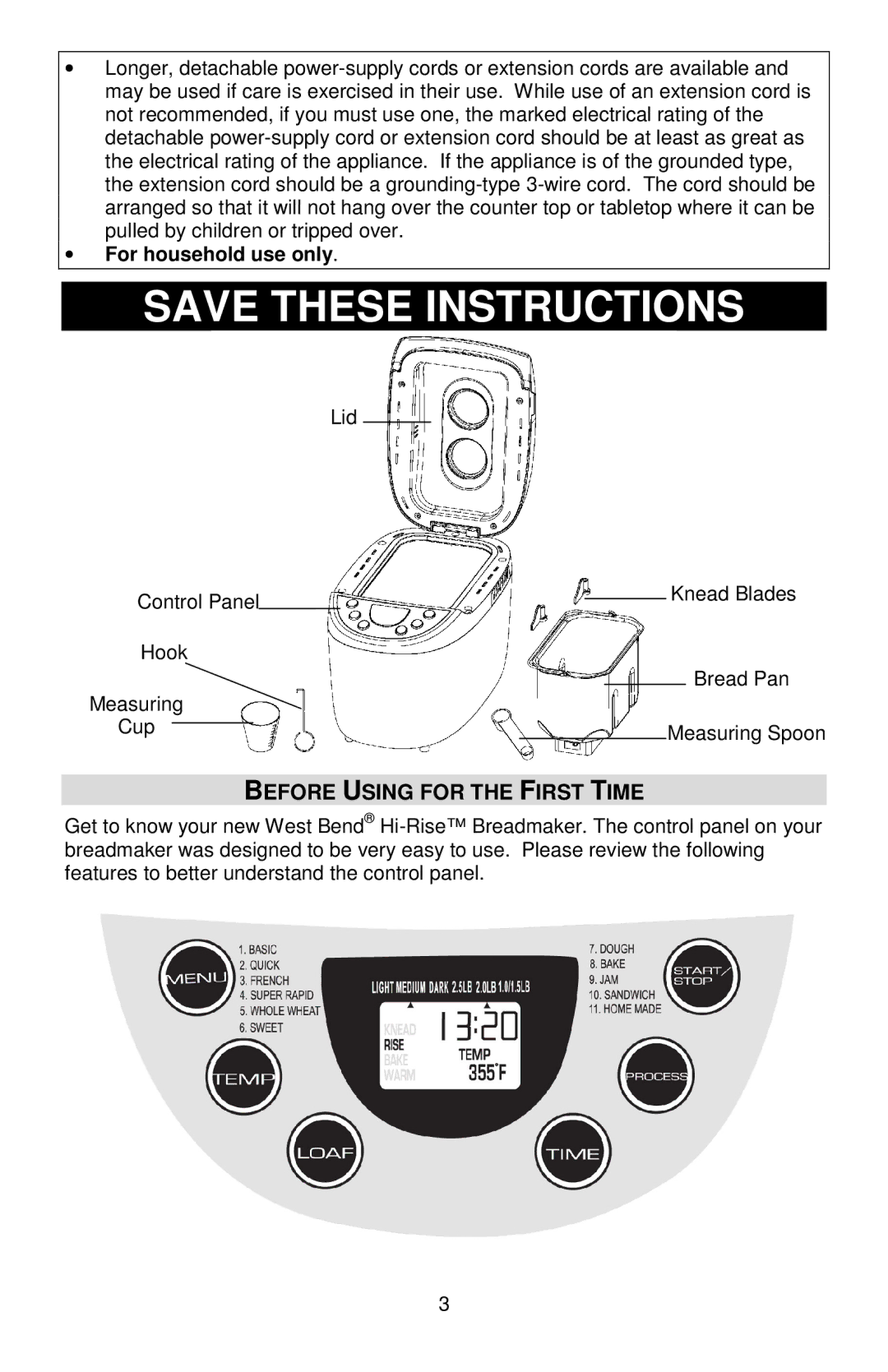 West Bend L5778C instruction manual Before Using for the First Time, For household use only 