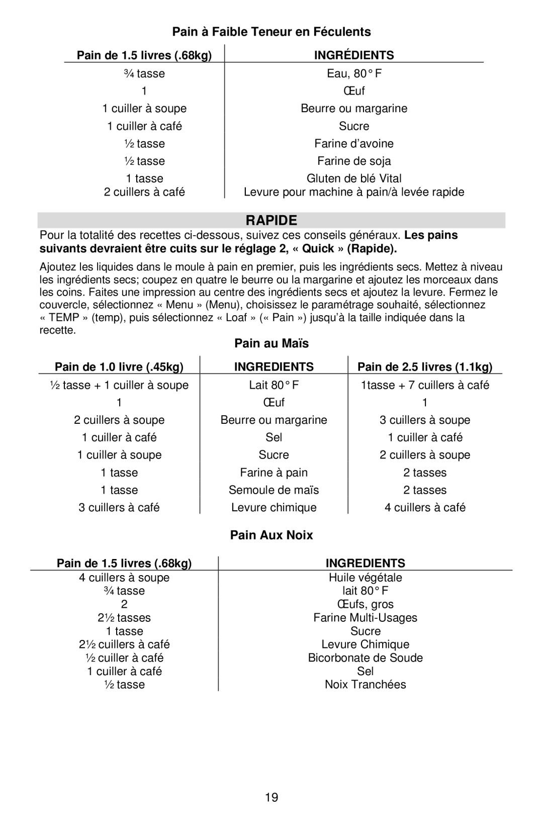 West Bend L5778C instruction manual Rapide, Pain à Faible Teneur en Féculents, Pain au Maïs 