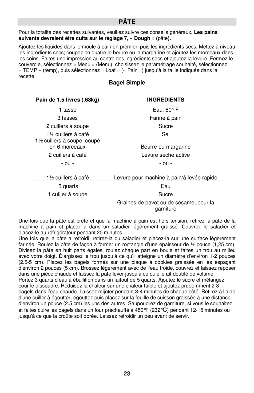 West Bend L5778C instruction manual Pâte, Bagel Simple 