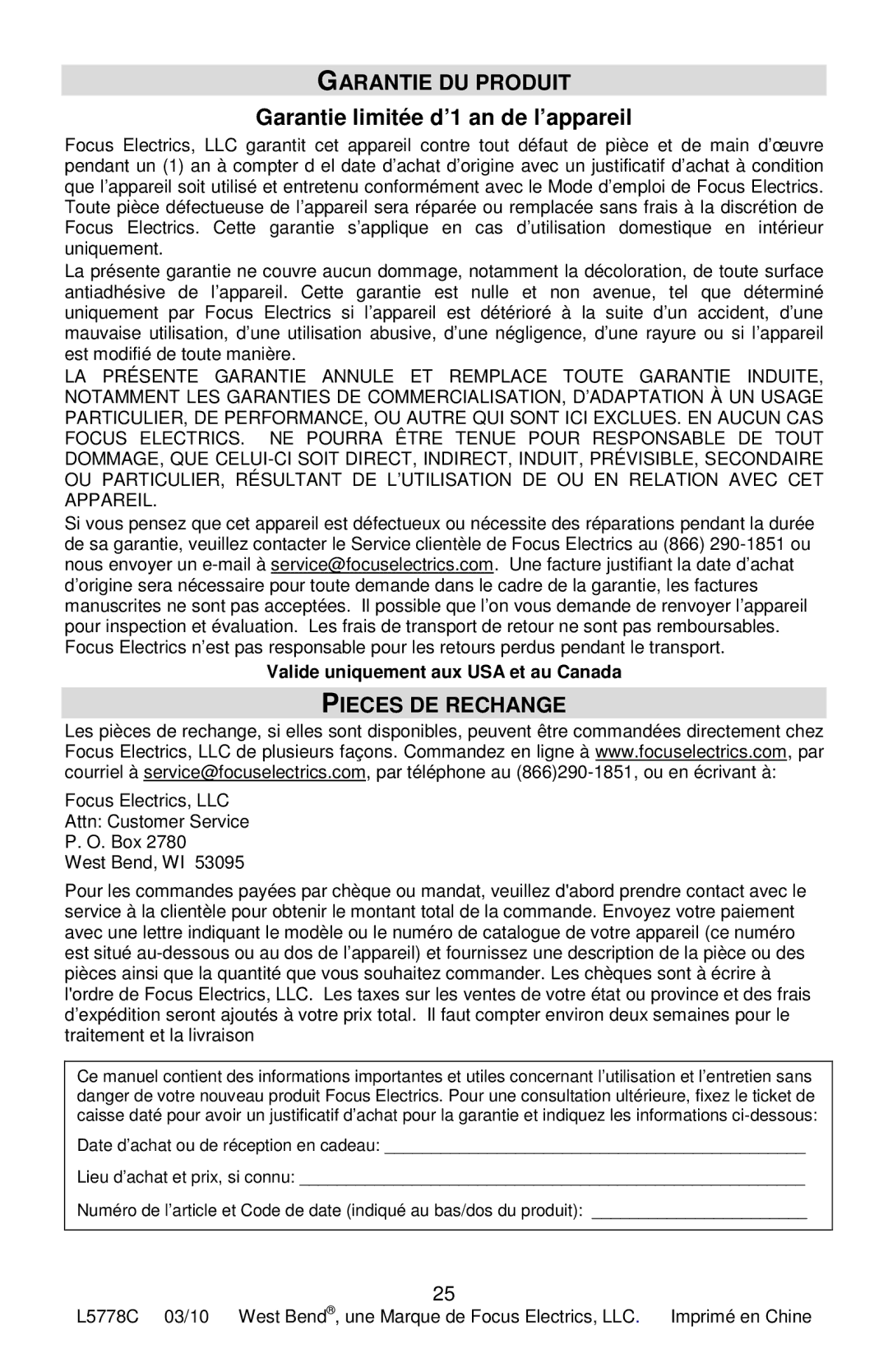 West Bend L5778C instruction manual Garantie DU Produit, Garantie limitée d’1 an de l’appareil, Pieces DE Rechange 