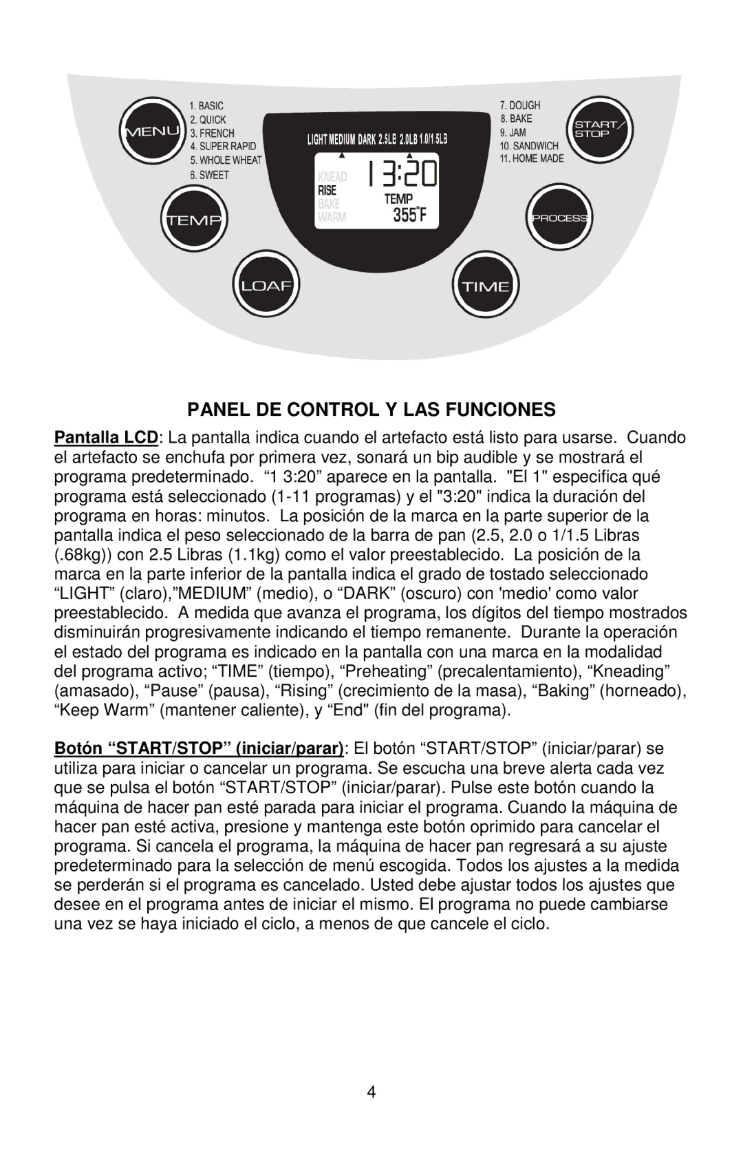 West Bend L5778C instruction manual Panel DE Control Y LAS Funciones 