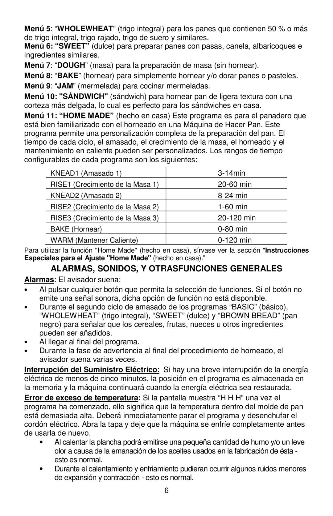 West Bend L5778C instruction manual ALARMAS, SONIDOS, Y Otrasfunciones Generales 