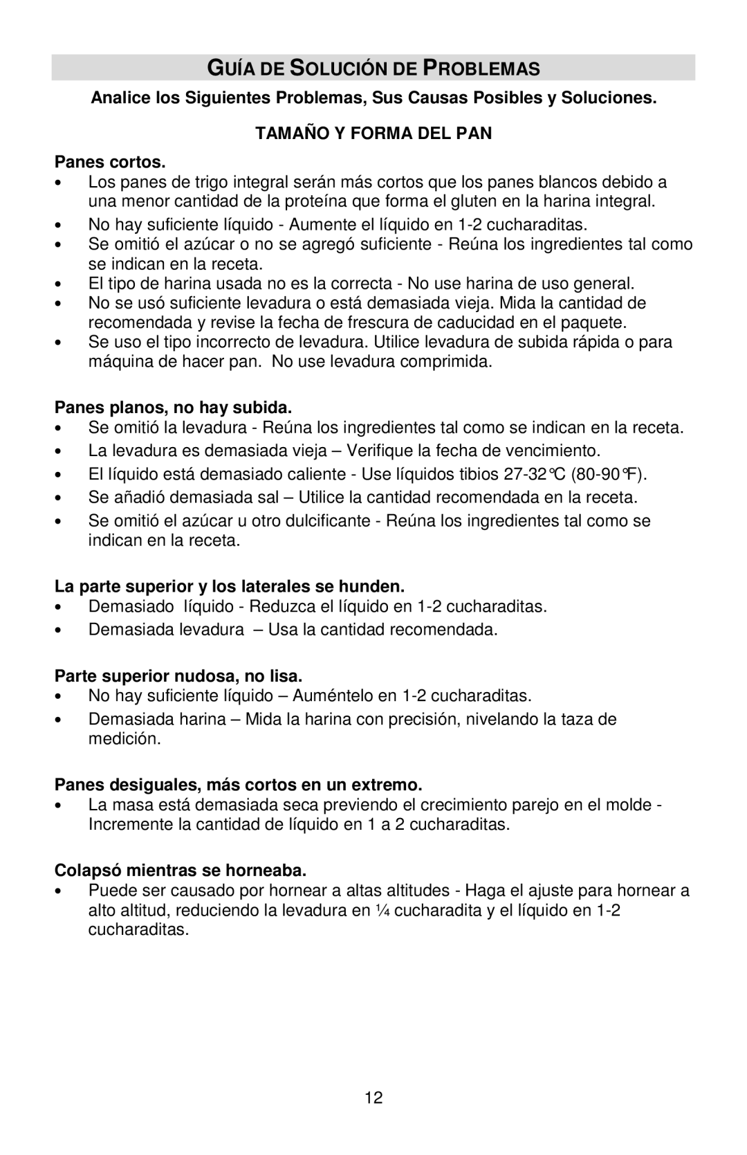 West Bend L5778C instruction manual Guía DE Solución DE Problemas, Tamaño Y Forma DEL PAN 