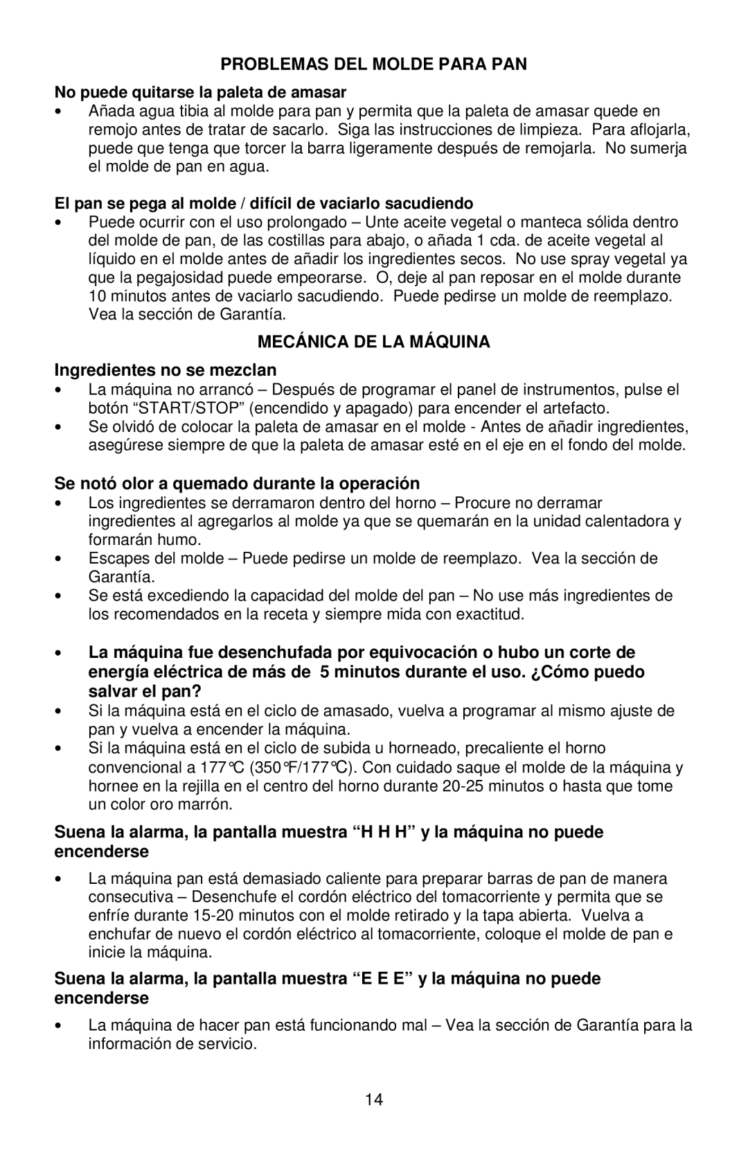 West Bend L5778C instruction manual Problemas DEL Molde Para PAN, Mecánica DE LA Máquina, Ingredientes no se mezclan 