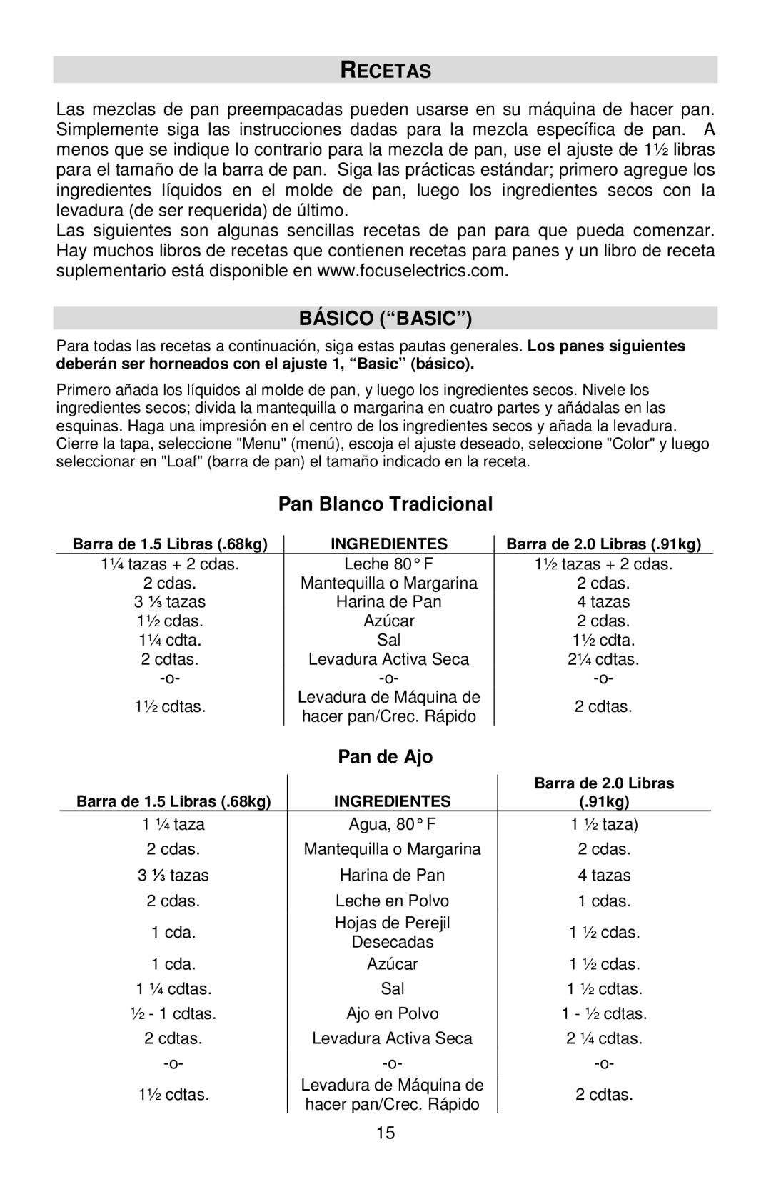 West Bend L5778C instruction manual Recetas, Básico Basic, Pan Blanco Tradicional, Pan de Ajo, Ingredientes 