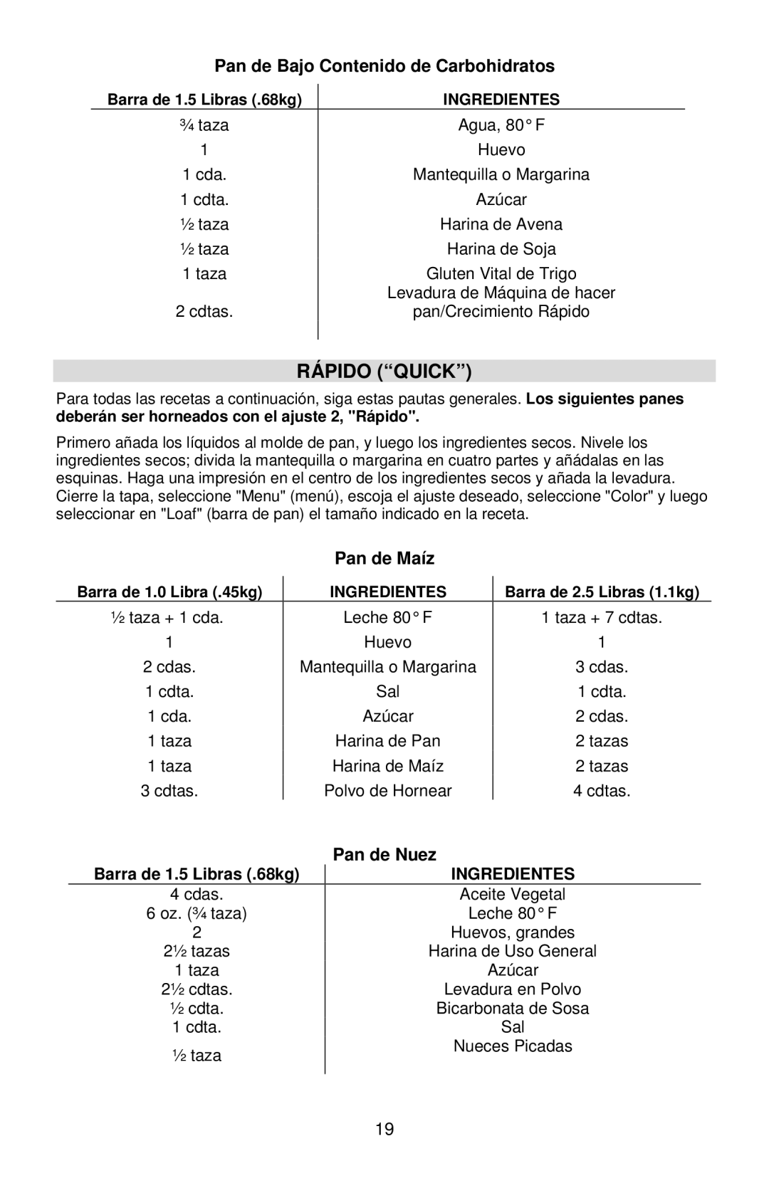 West Bend L5778C instruction manual Rápido Quick, Pan de Bajo Contenido de Carbohidratos, Pan de Maíz, Pan de Nuez 