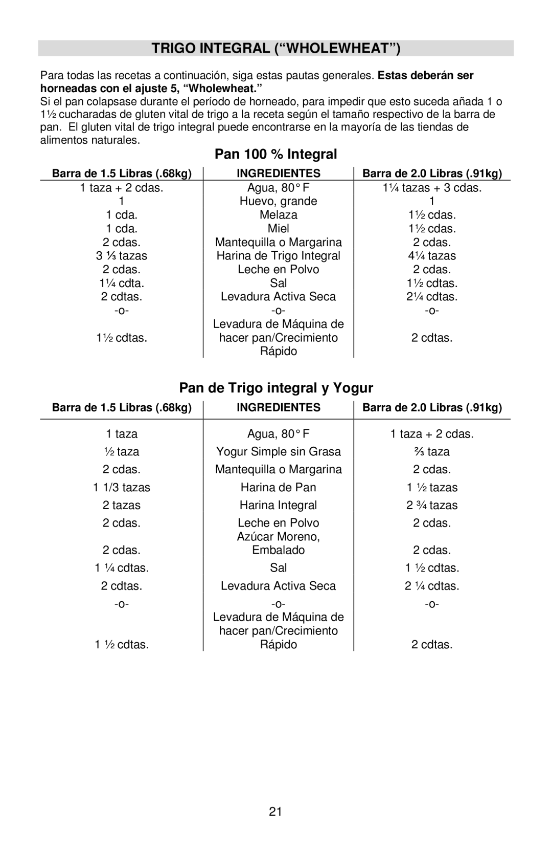 West Bend L5778C instruction manual Trigo Integral Wholewheat, Pan 100 % Integral, Pan de Trigo integral y Yogur 