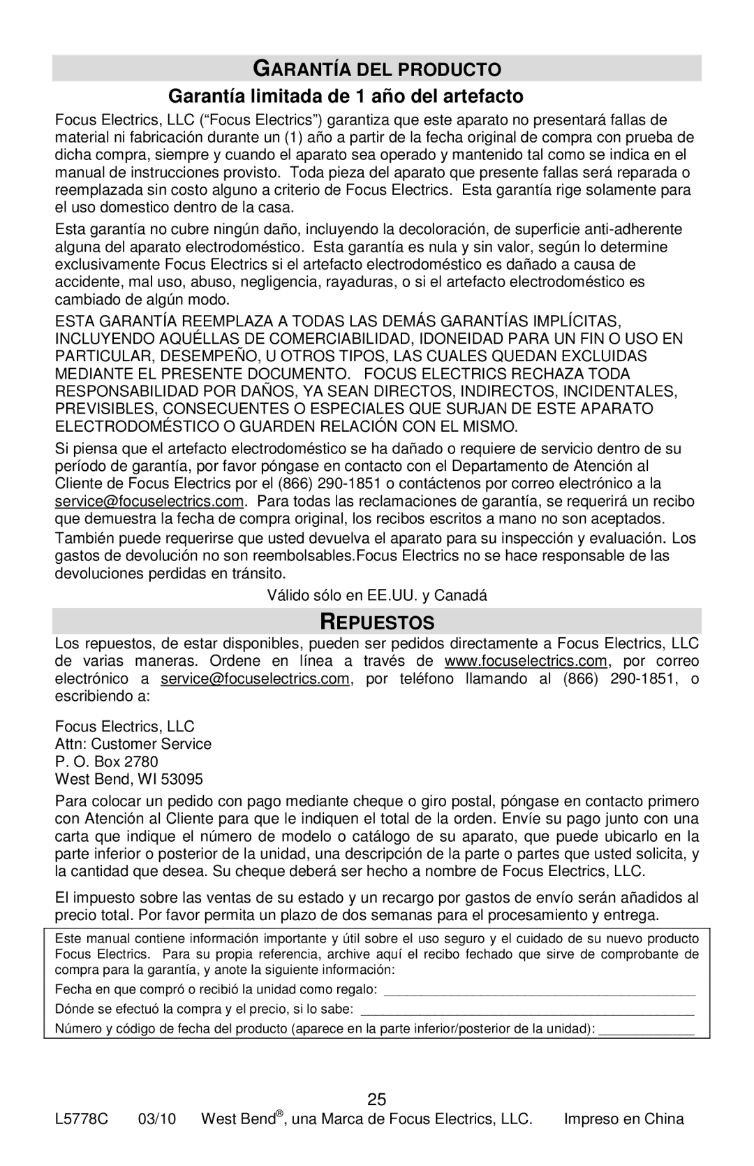 West Bend L5778C instruction manual Garantía DEL Producto, Garantía limitada de 1 año del artefacto, Repuestos 