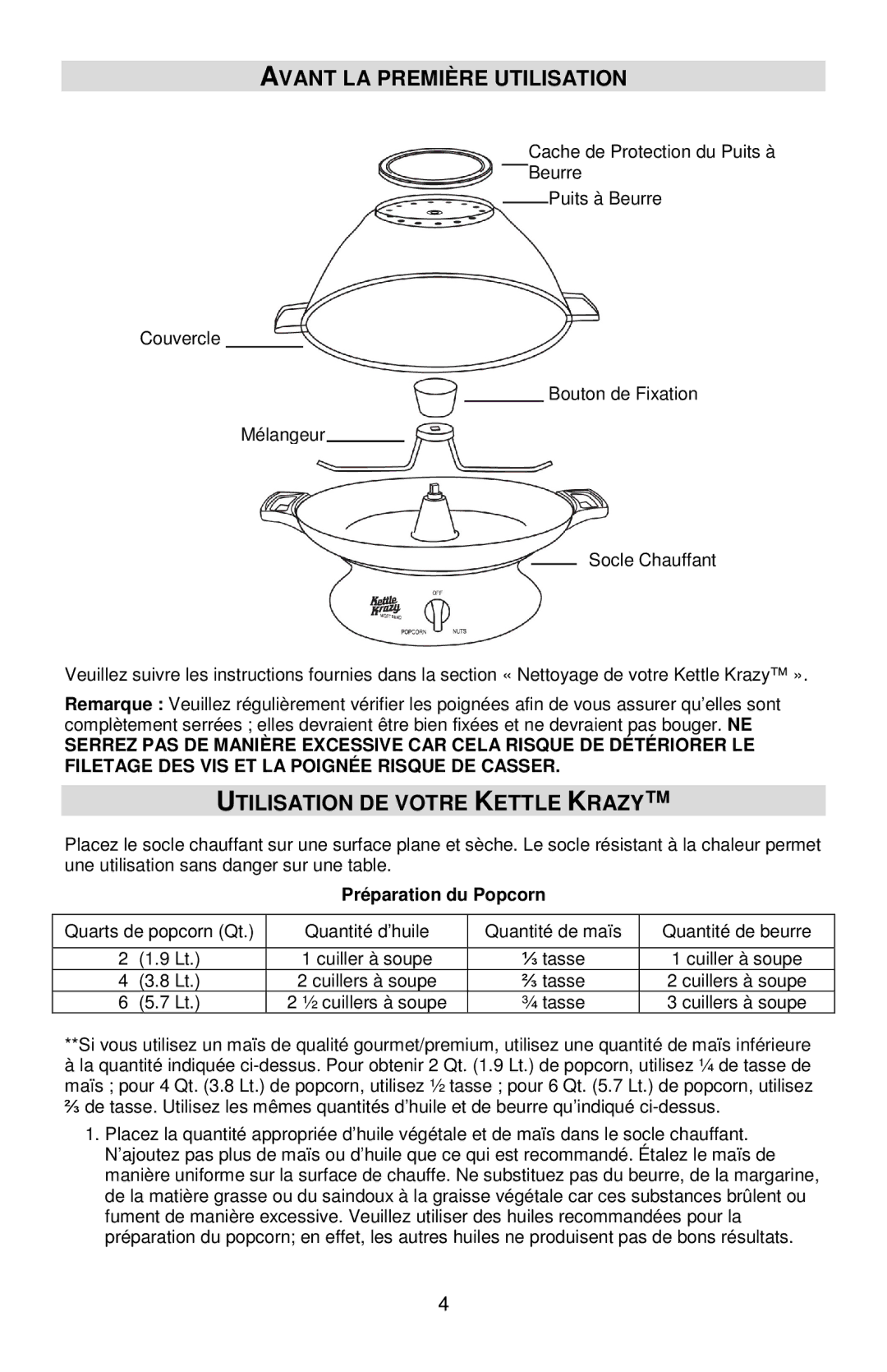 West Bend L5781A, 82386 warranty Avant LA Première Utilisation, Utilisation DE Votre Kettle Krazy, Préparation du Popcorn 