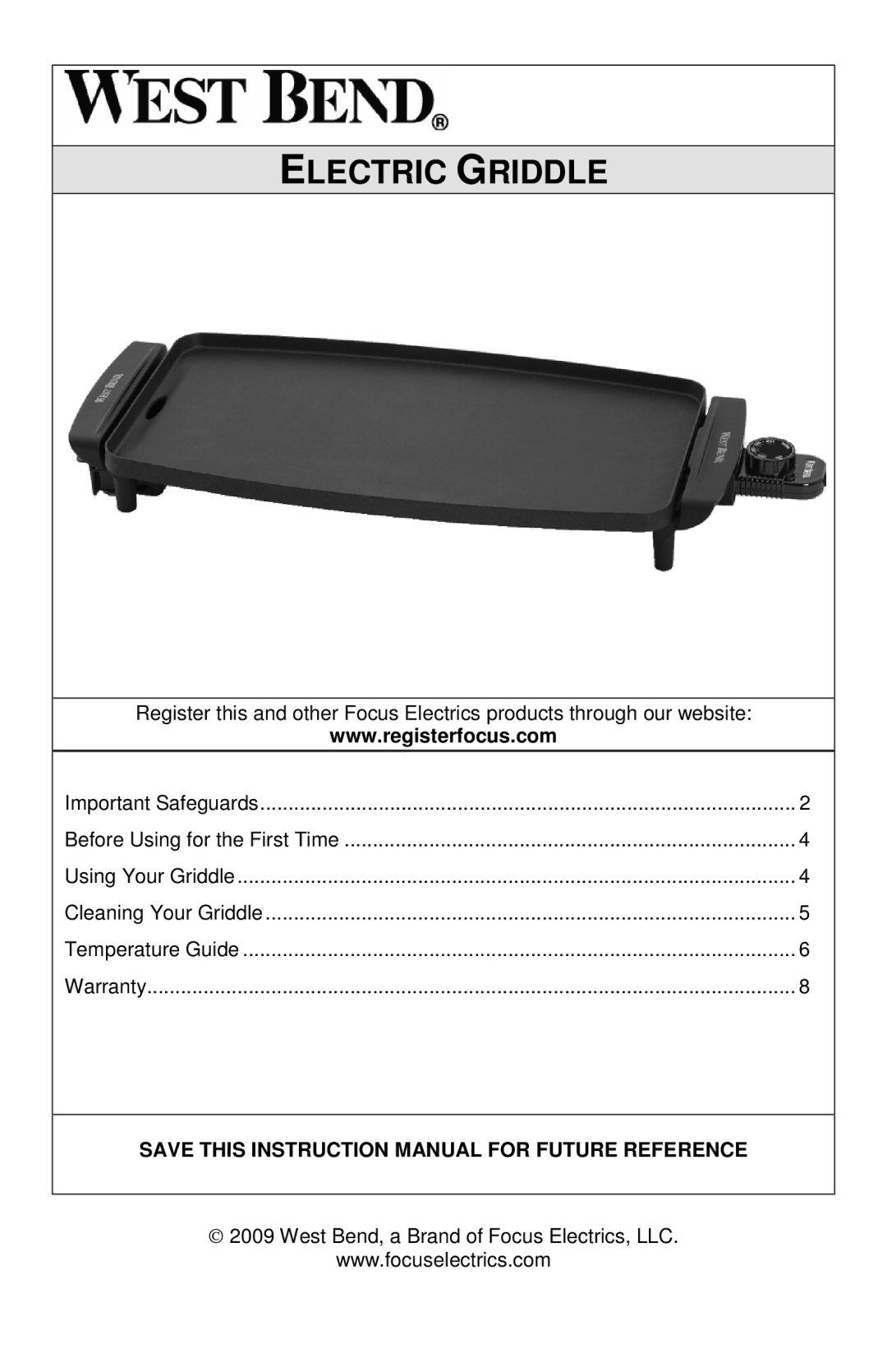 West Bend 76225, L5788 manual Electric Griddle 