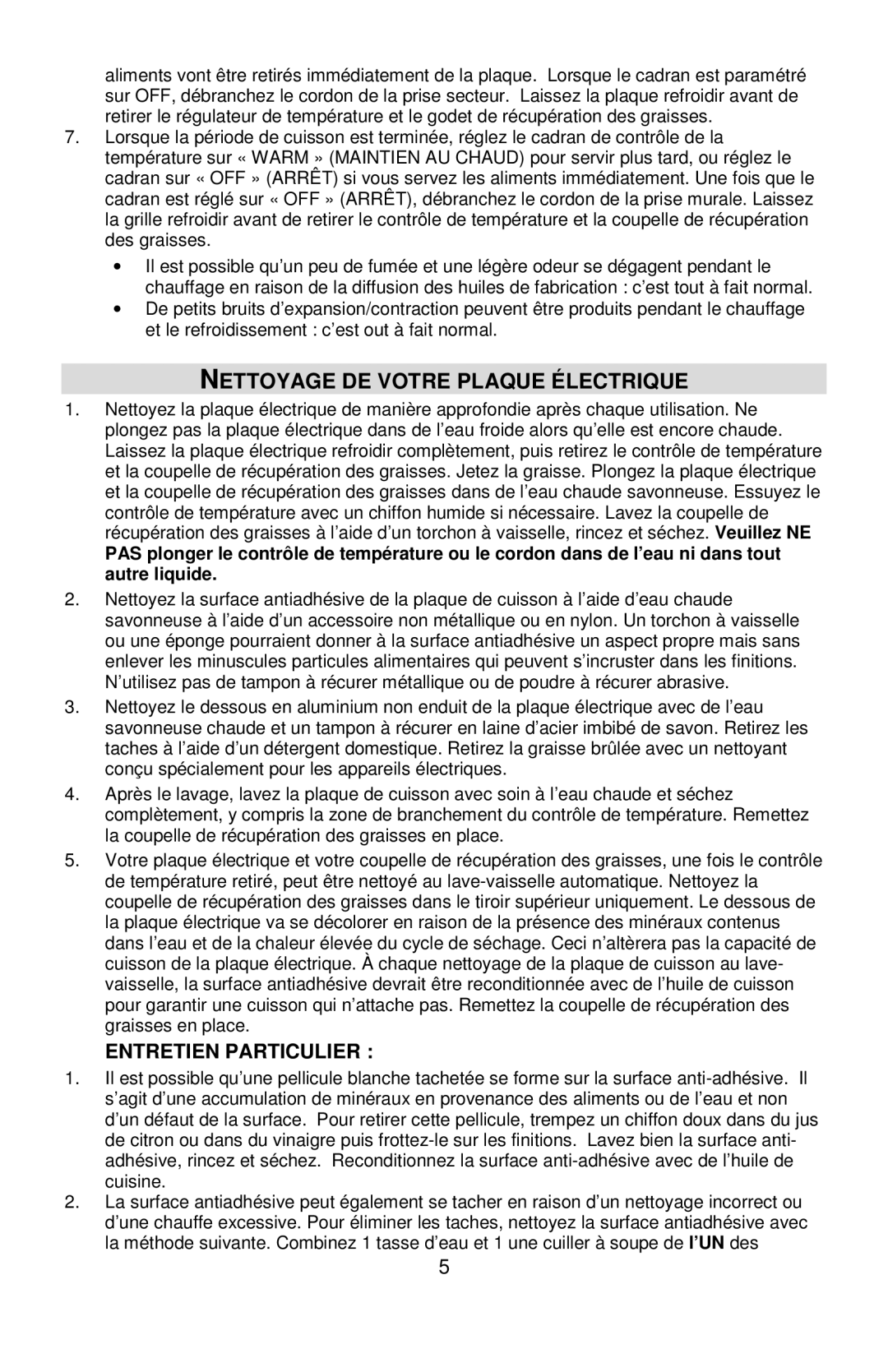 West Bend 76225, L5788 manual Nettoyage DE Votre Plaque Électrique, Entretien Particulier 