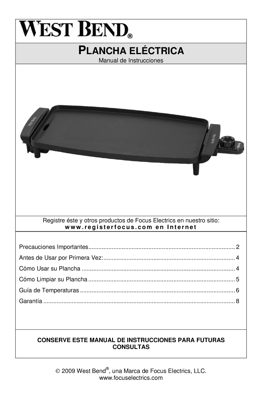 West Bend 76225, L5788 manual Plancha Eléctrica 