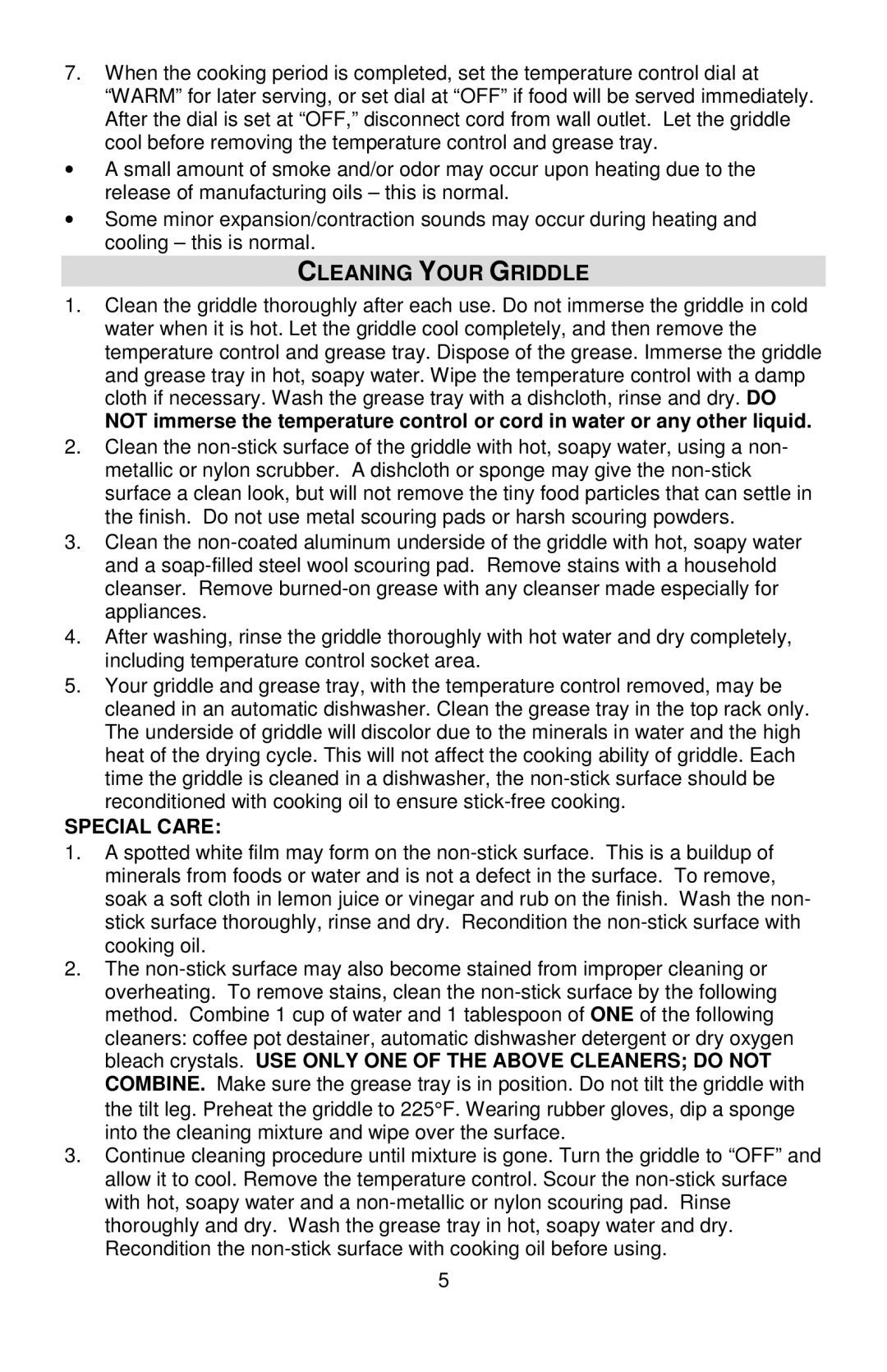 West Bend 76225, L5788 manual Cleaning Your Griddle, Special Care 