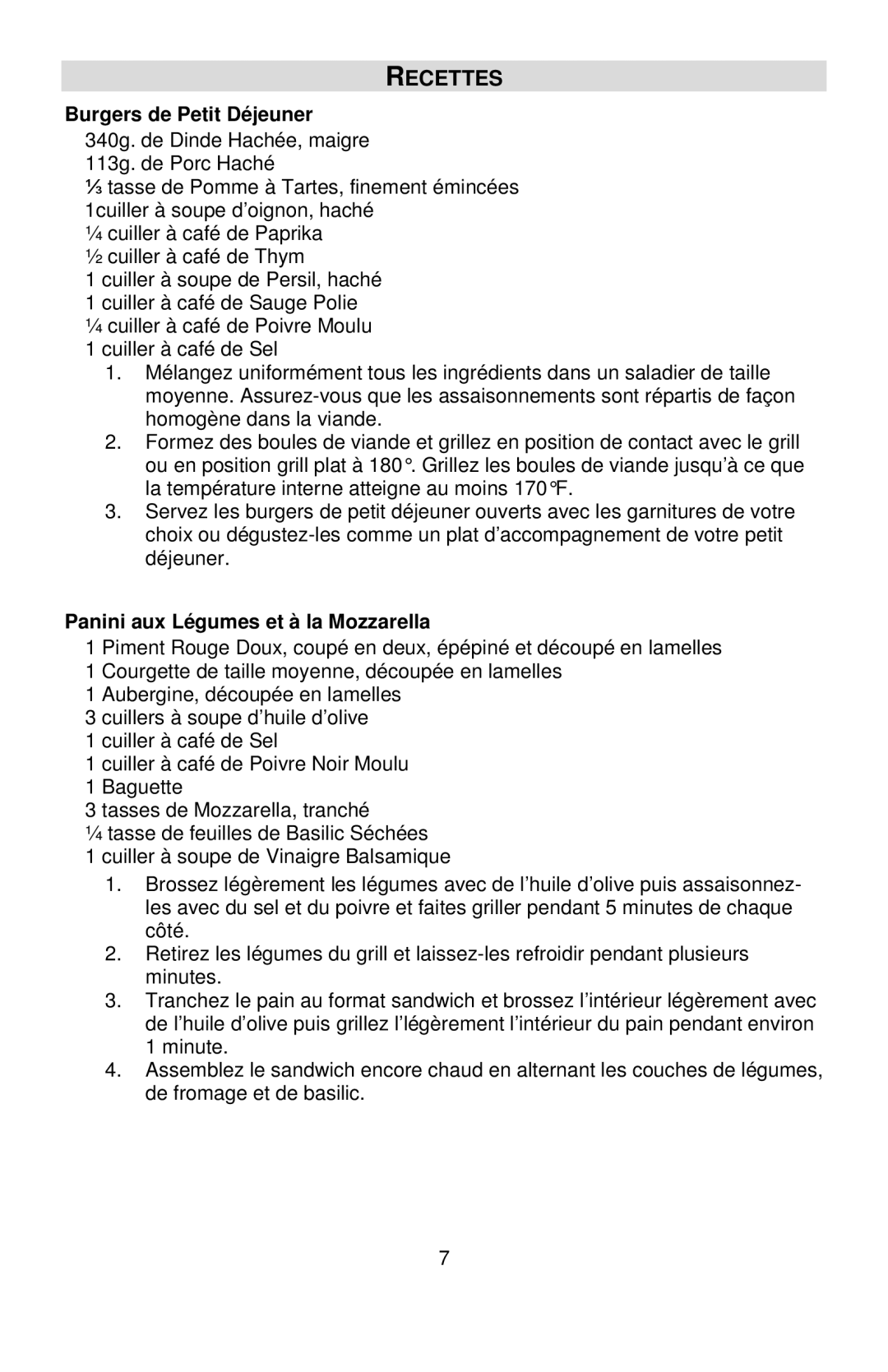 West Bend 6113, L5789 instruction manual Recettes, Burgers de Petit Déjeuner, Panini aux Légumes et à la Mozzarella 