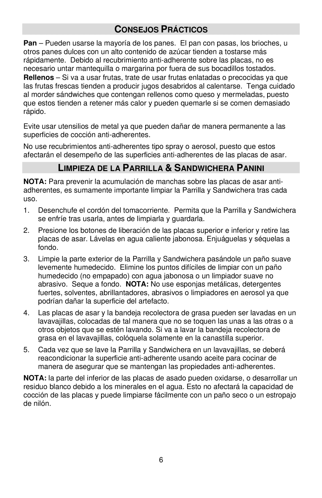 West Bend L5789, 6113 instruction manual Consejos Prácticos, Limpieza DE LA Parrilla & Sandwichera Panini 