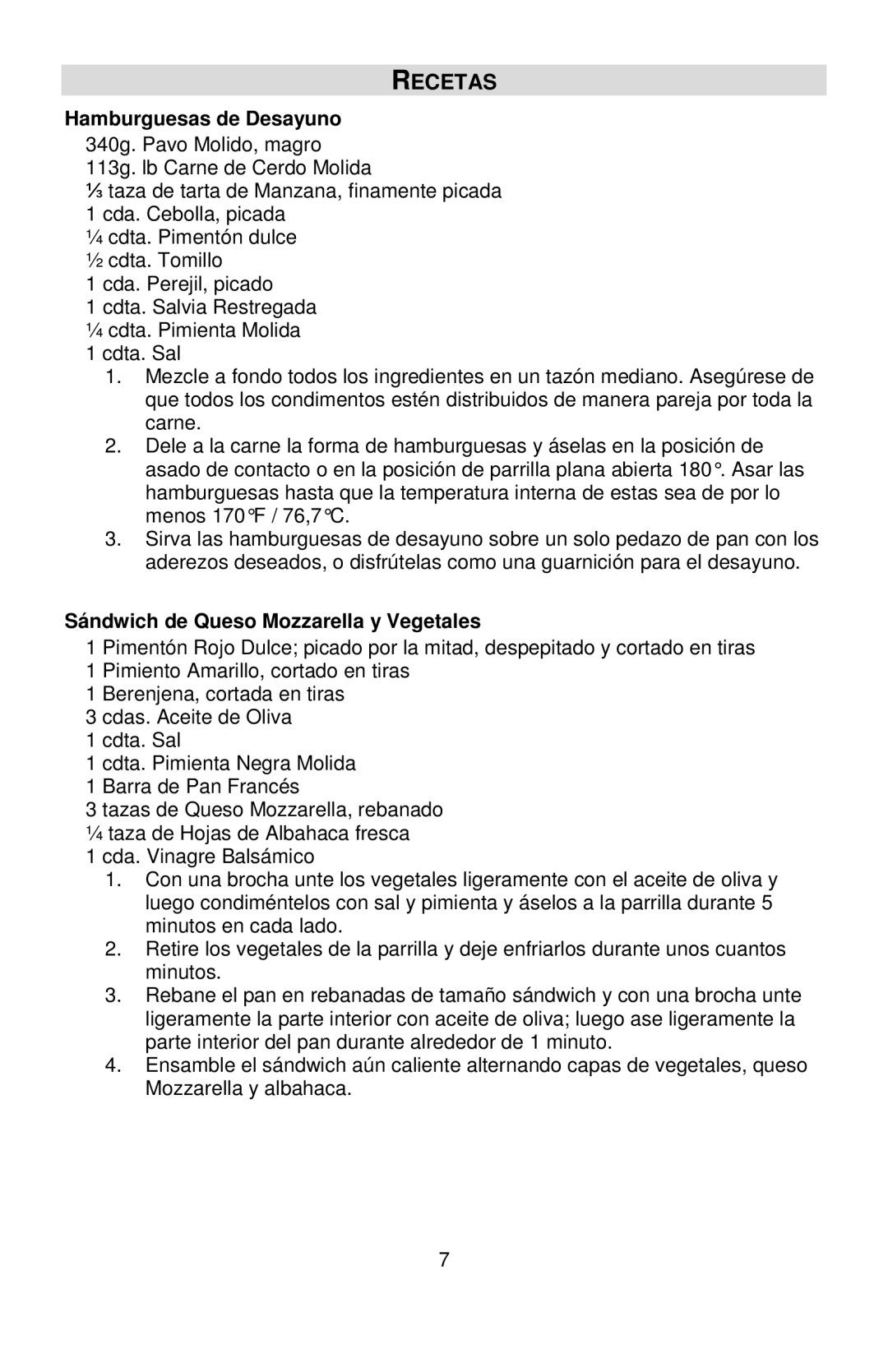 West Bend 6113, L5789 instruction manual Recetas, Hamburguesas de Desayuno, Sándwich de Queso Mozzarella y Vegetales 