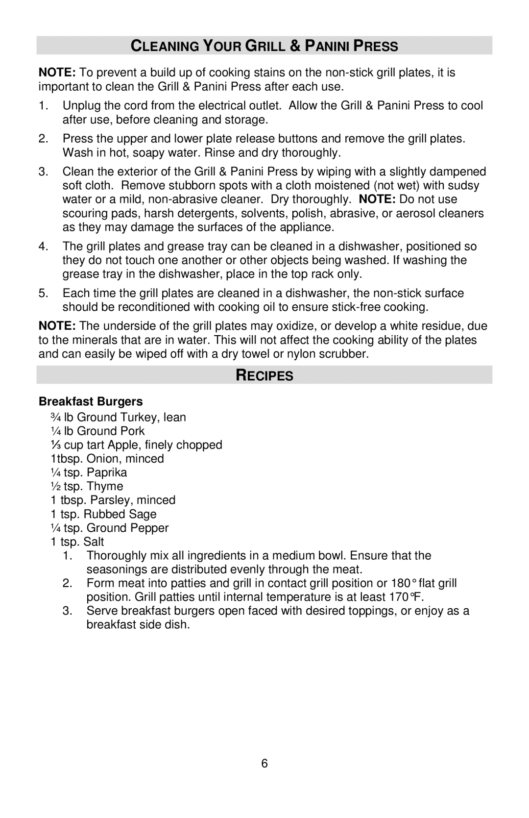 West Bend L5789, 6113 instruction manual Cleaning Your Grill & Panini Press, Recipes, Breakfast Burgers 