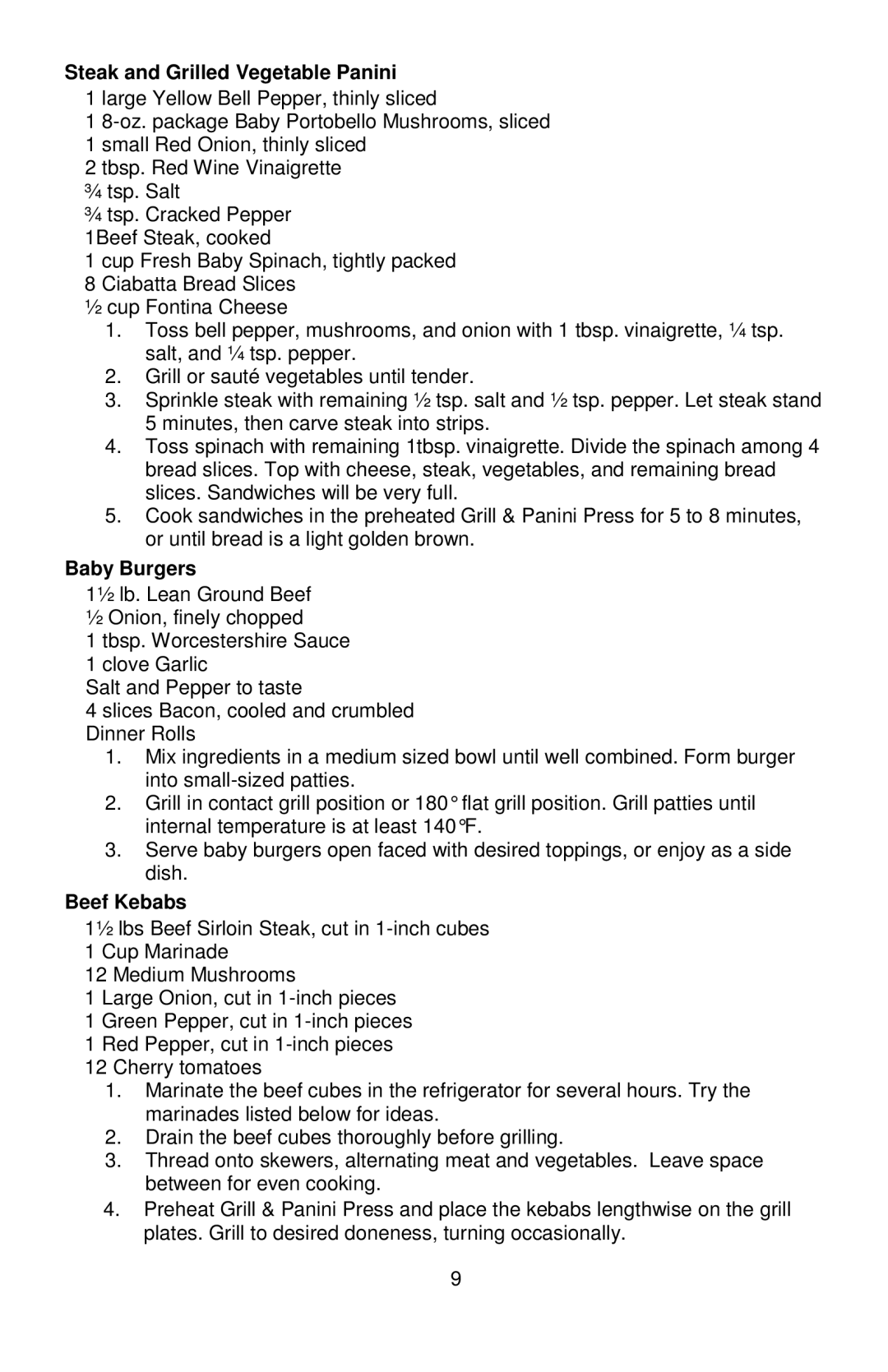 West Bend 6113, L5789 instruction manual Steak and Grilled Vegetable Panini, Baby Burgers, Beef Kebabs 