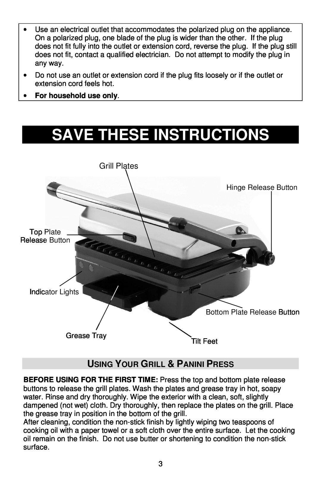 West Bend 6113, L5789 Save These Instructions, Grill Plates, Using Your Grill & Panini Press, For household use only 