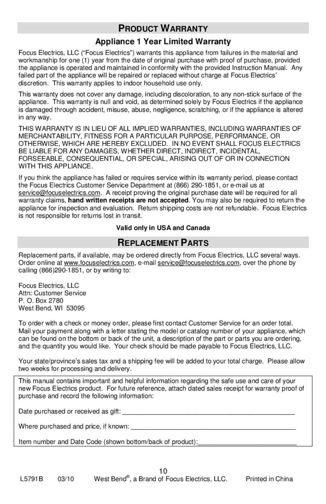 West Bend L5791B, 72212 instruction manual Product Warranty, Replacement Parts 