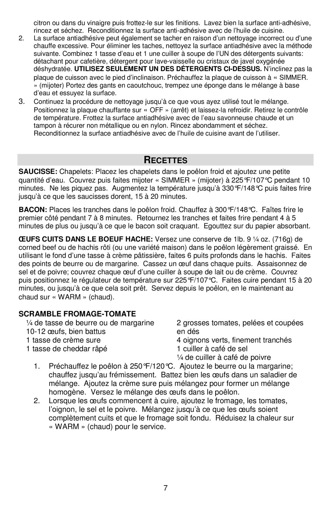 West Bend 72212, L5791B instruction manual Recettes, Scramble FROMAGE-TOMATE 