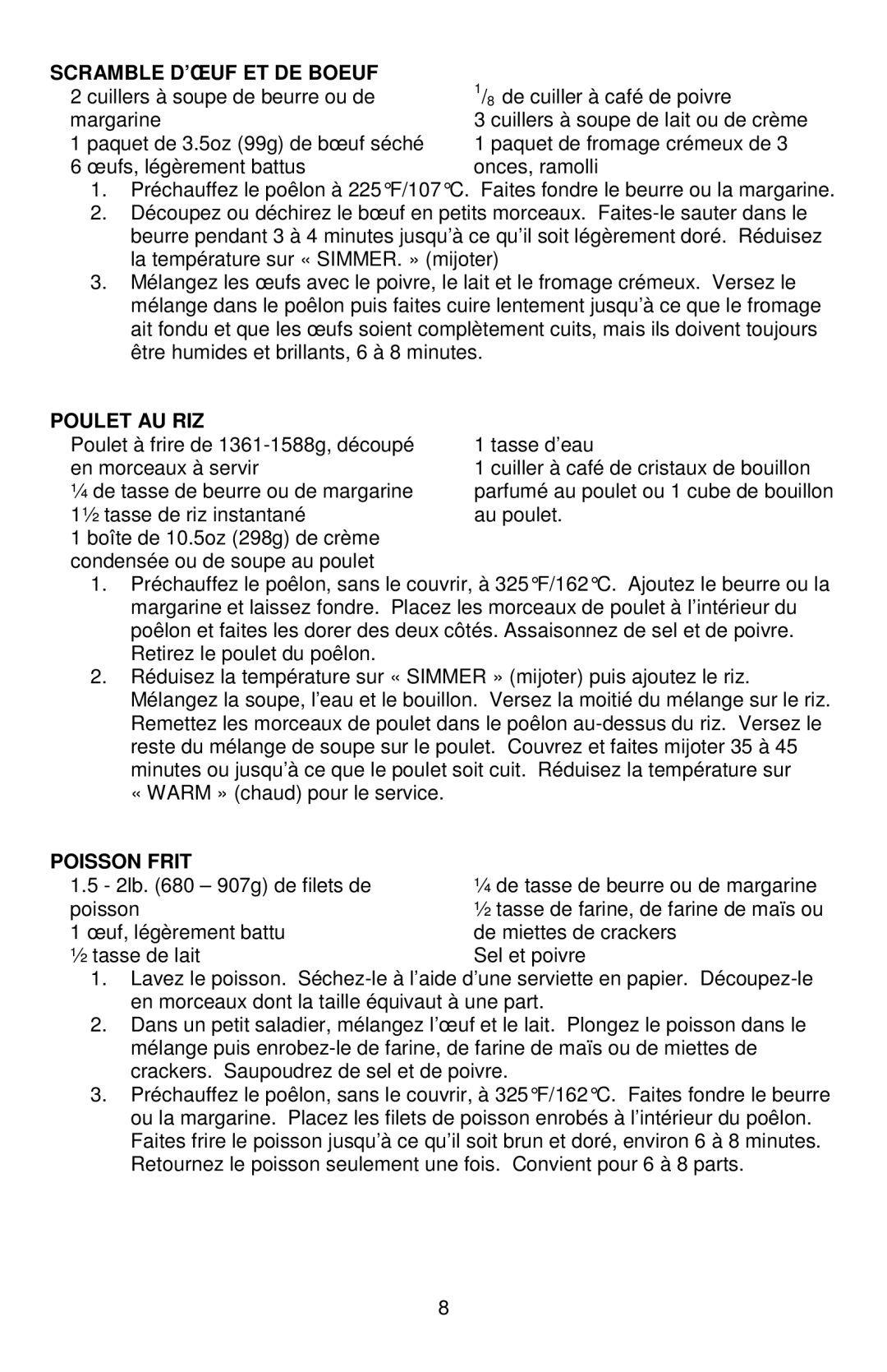 West Bend L5791B, 72212 instruction manual Scramble D’ŒUF ET DE Boeuf, Poulet AU RIZ, Poisson Frit 