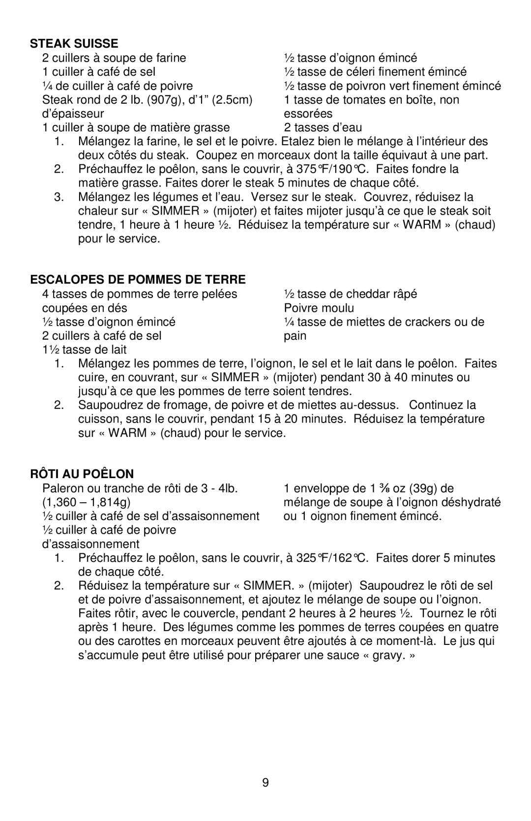 West Bend 72212, L5791B instruction manual Steak Suisse, Escalopes DE Pommes DE Terre, Rôti AU Poêlon 