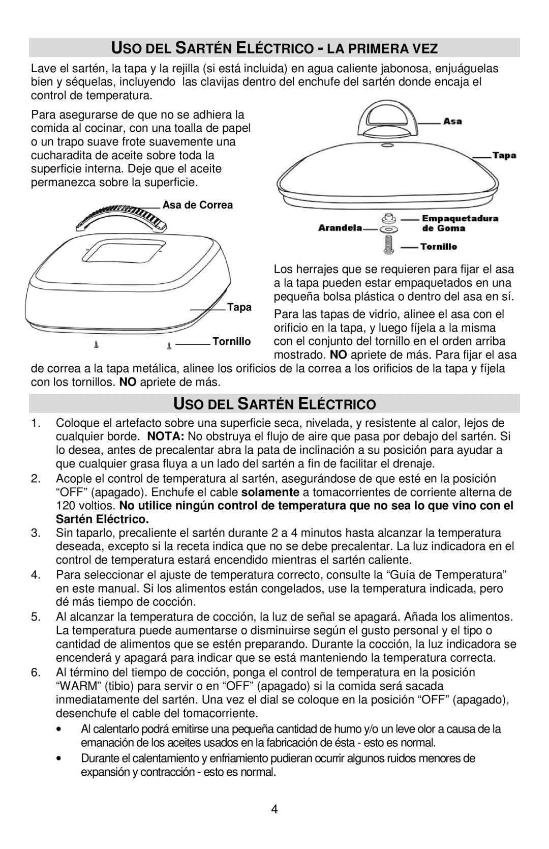 West Bend 72212, L5791B instruction manual USO DEL Sartén Eléctrico LA Primera VEZ 