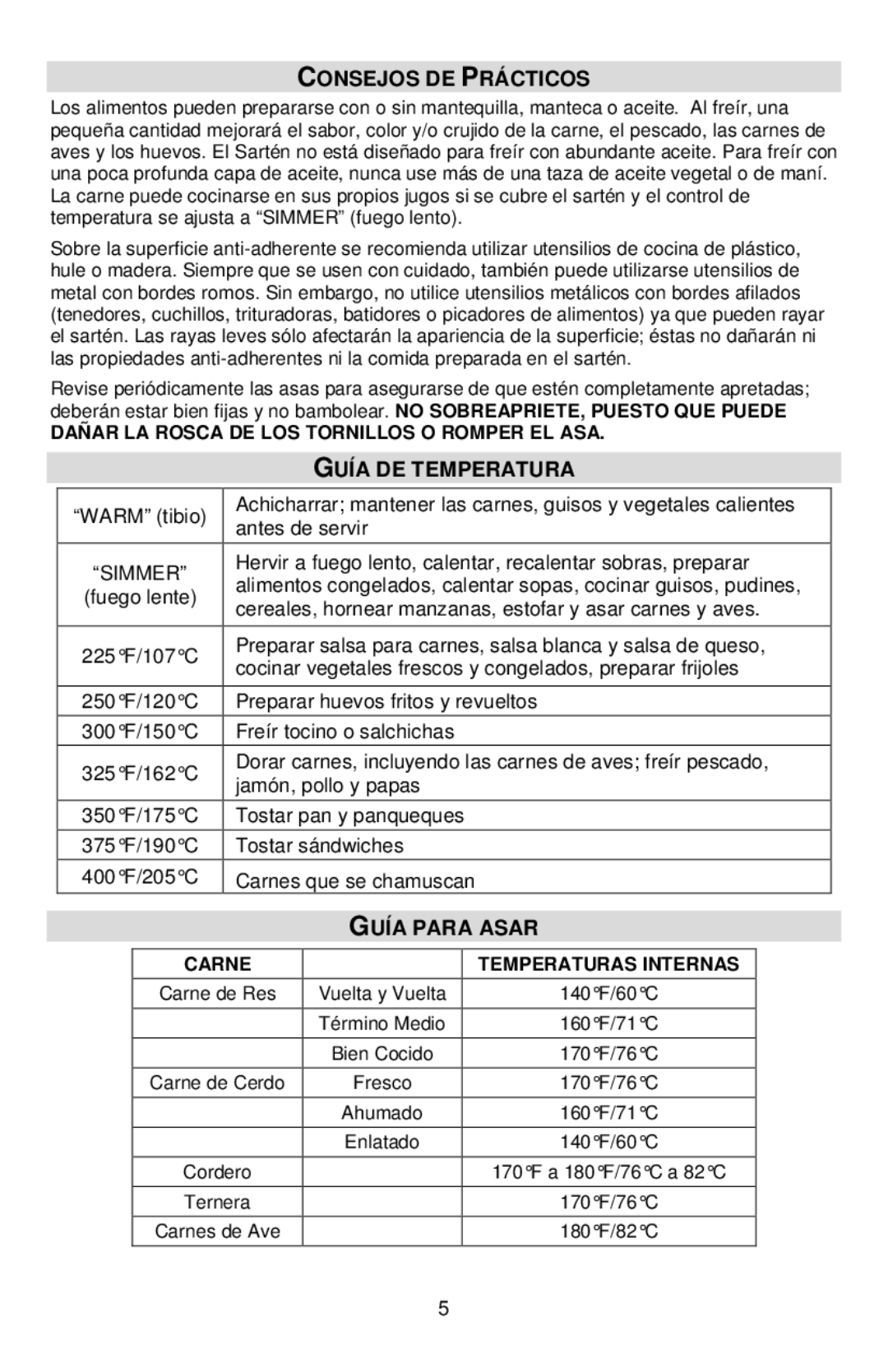 West Bend L5791B, 72212 Consejos DE Prácticos, Guía DE Temperatura, Guía Para Asar, Carne Temperaturas Internas 